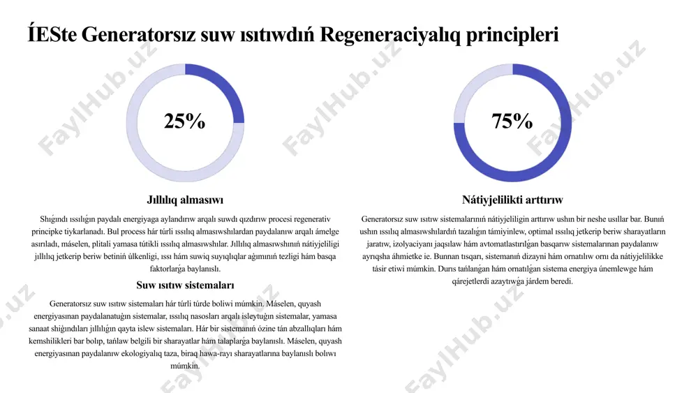 ıw sistemalarında yamasa texnologiyalıq processlerde qollanıladı. bul process energiyanı únemlewge hám íestiń ulıwma nátiyjeliligin arttırıwǵa járdem beredi. sistemanıń dizayni hám ornatılıw ornı da nátiyjelilikke tásir etiwi múmkin. qızdırılgan suwdı únemlew arqalı qosımsha energiya únemlenedi. 8 aylanba suw sistemaları hám tolıq regenerativ qızdırıw sistemaları sanaat energiya sistemalarında (ies) suwdı qızdırıwdıń eki tiykarģı usılı bar: aylanba suw sistemaları hám tolıq regenerativ qızdırıw sistemaları. aylanba sistemalarda islengen suw qayta-qayta paydalanıladı, biraq qosımsha ıssılıq dereklerinen paydalanıwdı talap etiwi múmkin. tolıq regenerativ sistemalarda bolsa íesten shıǵatuǵın shıǵındı ıssılıǵınan paydalanıladı, bul bolsa energiyanı únemlewge járdem beredi. aylanba suw sistemaları ápiwayıraq hám arzanraq bolıwı múmkin, biraq olar energiyanıń jumsalıwın kóbirek talap etedi. regenerativ sistemalar bolsa quramalıraq, biraq energiyanı únemlew hám qorshaǵan ortalıqqa unamlı tásir kórsetedi. tolıq regenerativ sistemalardıń nátiyjeliligi jıllılıq almasıwdıń nátiyjeliligine, suwdıń aǵıs tezligine hám basqa faktorlarǵa baylanıslı. mısalı, bir tolıq regenerativ sistemada íestegi turbinadan shıǵatuǵın puw ıssılıq almastırıwshı arqalı suwdı qızdırıw ushın jumsaladı. qızdırılgan suw …