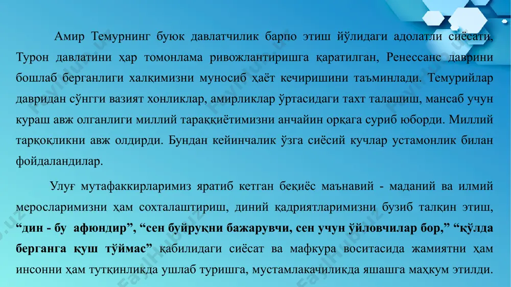 лар стратегияси жамиятнинг барча соҳасида бошланган ислоҳатларни тезлаштирмоқда, уни жўнбушга келтирмоқда. одамларда келажакка нисбатан ишончни янада кучайтирди. халқимиз турмуш тарзига кўтаринки руҳ олиб кирмоқда. буюк келажакни яратиш бугундан бошланади. бу учун кишилар бугун яхши яшашлари зарур. “халқимиз ўз ҳаётидаги ижобий ўзгаришларни келажакда эмас, бугун кўришни, улардан бугун баҳраманд бўлишни истайди.” 2-том, 226- бет. ҳаракатлар стратегиясида белгиланган вазифалар айнан, ана шундай заруратни юзага чиқаришга қаратилгани билан ҳам қадрлидир., миллий тикланишдан миллий юксалиш сари ғоясини ривожланишнинг бешта устувор йўналиши – ҳаракатлар стратегияси реалликка айлантиради. чунки, шу асосдаги ислоҳатлар одамларни очиқлик, ошкоралик, шаффофлик муҳитида яшаш ва ишлашга ҳам даъват этмоқда. 2019 йил нашрдан чиққан миллий тикланишдан миллий юксалиш сари китобида ҳаракатлар стратегияси асосида, ватанимиз тақдири ва келажаги учун ана шу улкан аҳамиятга молик ўзгаришлар жараёнининг мазмун моҳияти, жамият ҳаётида амалга оширилаётган ислоҳатларнинг моҳияти президентимиз шавкат мирзиёевнинг пурмаъно фикрлари орқали ёрқин ифода этилган. китобда президент ш.м.мирзиёевнинг асарлари ва маърузаларидан олинган фикрлар жой олган. китобдан …
