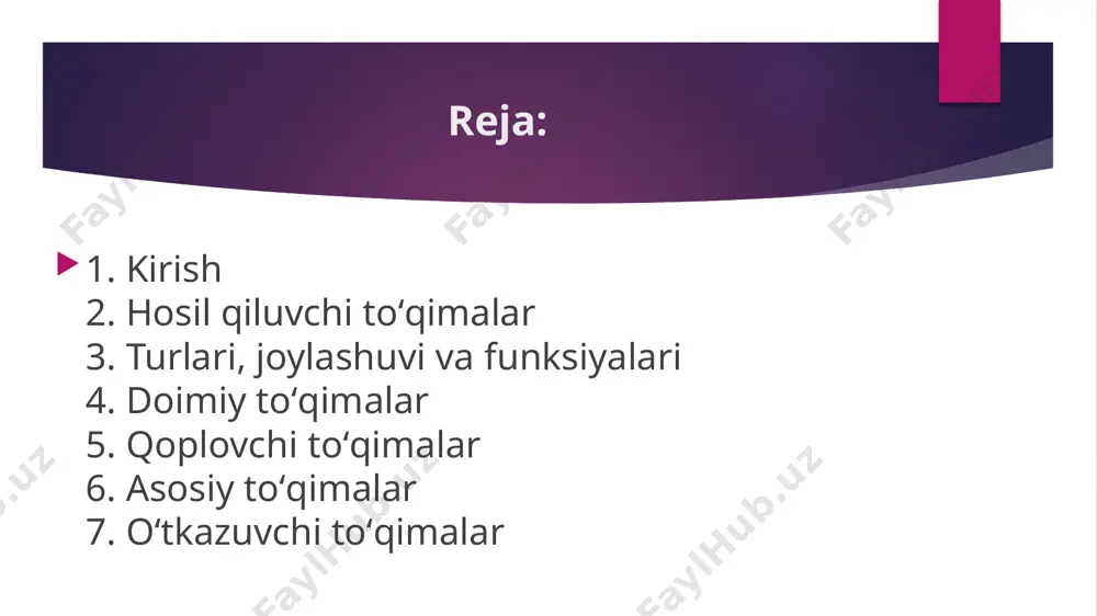 asosiy guruhga boʻlinadi: qoplovchi, asosiy va oʻtuvchi toʻqimalar. qoplovchi toʻqimalar oʻsimlikning tashqi yuzasini himoyalash, suv yoʻqotishini cheklash va gaz almashinuvini tartibga solish funksiyalarini bajaradi - epiderma: tashqi qoplovchi toʻqima, yassi yoki prizmatik hujayralar, kutikula bilan qoplangan; ogʻizchalar va tukchalar mavjud. - periderma: ikkilamchi oʻsishda hosil boʻladi, tarkibida fellogen, felloderm va fellogen tashqi qatlami bor. - poʻstloq (ritidom): eski daraxtlarda, haikasimon yoki tangachasimon turlari. - gipoderma: krans-hujayrali barglarda, suv saqlovchi hujayralar bilan oʻralgan. qoplovchi toʻqimalar asosiy toʻqimalar fotosintez, oziq moddalar saqlash va mexanik mustahkamlik funksiyalarini bajaradi - parenxima: fotosintez va oziq moddalar saqlash uchun; turlari: ustunsimon (silindr shaklidagi, fotosintezda asosiy), gʻovaksimon (yumaloq, gaz almashinuvini yengillashtiradi), krans-hujayralar (c4 fotosintez, qurgʻoqchilikka chidamlilik), suv jamgʻaruvchi hujayralar (sukkulentlarda suv saqlash). - kollenxima: hujayra devorlari qalinlashgan, turlari: burmalashgan, burchakli, yassi; mexanik qoʻllab-quvvatlash. - sklerenxima: hujayra devorlari qattiq, ligninli yoki ligninsiz, mexanik himoyalash - aerenxima: hujayra oraliqlari havo bilan toʻldirilgan, gidrofitlarda suvda qalqib turishga yordam beradi. - …