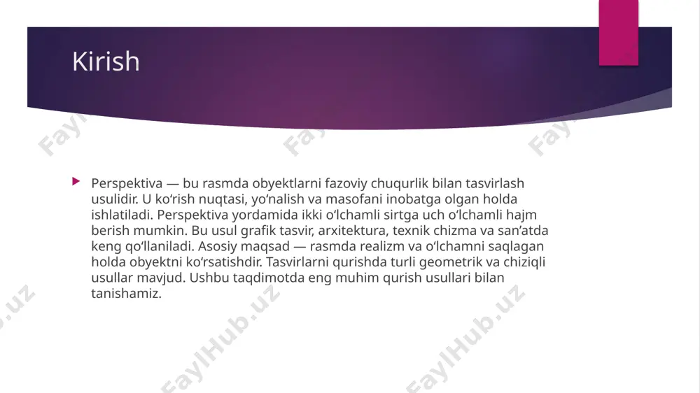 gan qatlam bo‘lib, obyektni joylashtirishda qo‘llaniladi. har bir kvadrat o‘lchamga ega bo‘lib, perspektiv proporsiyalarni saqlashga yordam beradi. ufq chizig‘i va yo‘nalish nuqtalaridan chiziqlar chizilib, to‘r hosil qilinadi. bu to‘r ustiga obyekt chizish osonlashadi. rasmga aniqlik va muvozanat beradi. geometrik shakllar to‘r yordamida soddaroq chiziladi. yangi o‘rganuvchilar uchun samarali usul hisoblanadi. xulosa perspektiva tasvirlarni qurish uchun turli usullar mavjud. har bir usul muayyan shakl va vaziyatga moslashgan. o‘quvchi yoki mutaxassis kerakli metodni tanlashi kerak. real ko‘rinish, hajm va joylashuvni to‘g‘ri berish maqsad qilinadi. mashq qilish orqali bu ko‘nikmalar mustahkamlanadi. dastlab sodda usullardan boshlash tavsiya etiladi. har bir usul grafik savodxonlikni oshirishga xizmat qiladi. image1.jpeg image2.png image3.png /docprops/thumbnail.jpeg