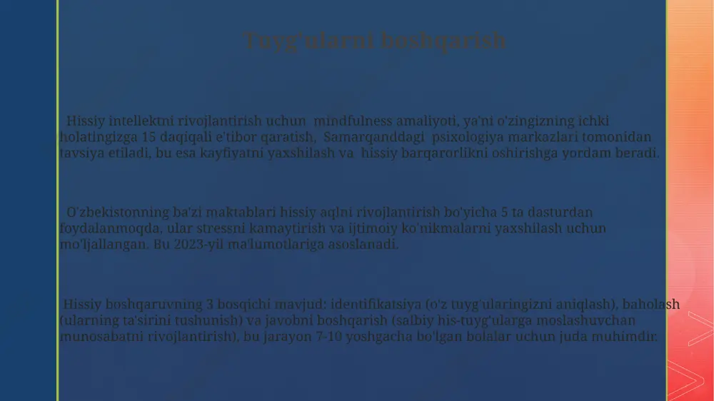 d so'z tanlovi kabi elementlar kiradi. bu samarqand universitetida o'tkazilgan tadqiqotlar asosida aniqlangan. ifoda vositalarining samaradorligi madaniy kontekstga bog'liq; masalan, yaponiyada 10 ta yuz ifodasining ma'nosi 3 ta so'z bilan ifodalanadi, amerikada esa aksincha. bu milliy xususiyatlar bilan bog'liq. ovoz balandligi, pauzalar va intonatsiya 5 ga yaqin asosiy ifoda vositasi hisoblanadi va bu o'zbek tilida so'zlarning ma'nosini 20% ga o'zgartirishi mumkin; toshkentdagi tilshunoslarning kuzatuvlariga ko'ra. madaniyat va tuyg'ularning ifodalanishi toshkentdagi psixologiya instituti tomonidan o'tkazilgan eksperimentlar natijasida, 25 ta turli madaniy guruh vakillarida his-tuyg'ularning ifodalanishidagi 10% ga yaqin farqlar aniqlangan. o'zbekistonning 5 ta mintaqasida o'tkazilgan sotsiologik tadqiqotlar shuni ko'rsatdiki, 70% dan ortiq odamlar o'z his-tuyg'ularini tananing mimikasi va imo-ishoralar orqali ifoda etishlarini ta'kidlashgan. samarqanddagi tarixiy manbalarga ko'ra, 15-asrda yashagan shoir alisher navoiy asarlarida inson his-tuyg'ularining 30 dan ortiq turini aniq tasvirlab bergan. tuyg'ularning o'rganilishi psixologiya sohasida, xususan, 20-asrning 60-yillaridan boshlab, aqshda, paul ekman kabi olimlarning tadqiqotlari yuz ifodalarining universalligi haqidagi nazariyani …