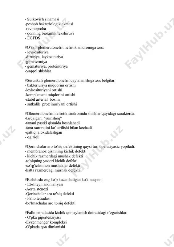 agi mushak defekti -to'siqning yuqori kichik defekti -so'rg'ichsimon mushaklar defekti -katta razmerdagi mushak defekti #bolalarda eng ko'p kuzatiladigan ko'k nuqson: - ebshteyn anomaliyasi -aorta stenozi -qorinchalar aro to'siq defekti - fallo tetradasi -bo'lmachalar aro to'siq defekti #fallo tetradasida kichik qon aylanish doirasidagi o'zgarishlar: - o'pka gipertenziyasi -eyzenmenger kompleksi -o'pkada qon dimlanishi -o'pkaga ko'p qon keladi - o'pkada qon aylanishi kamayishi #aorta klapani etishmovchiligida qon bosimi qanday o'zgaradi - sistolik va diastolik bosim baravar oshadi - normal yoki oshgan sistolik va past diastolic -normal sistolik va yuqori diastolik -sistolik va diastolik bosim baravar pasayadi -sistolik va diastolik bosim normada bo'ladi #yuqori kovak vena rentgenografiyaning to'g'ri proektsiyasida qanday soya xosil qiladi - chap yurak-tomirlar soyasining yuqorigi ravog'ini -rentgenda o'ng yurak-tomirlar soyasining pastki ravog'ini -chap yurak-tomirlar soyasining pastki ravog'ini - rentgenda o'ng yurak-tomirlar soyasining yuqorigi ravog'ini -chap yurak-tomirlar soyasining o'rta ravog'ini #miokardit qanday kasallik - toj tomirlarning aterosklerotik zararlanishidan kelib chiqadi -yurak miokard …