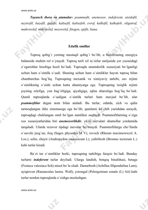 uvchi o`simliklarga otquloq (rumex canfertus. willd), g`ozpanja (potentilla reptans l), chernika, bagulnik kabi turlar kirib, ular kislotali tuproqlarda yaxshi o`sadi. oqso`xta, ajriqbosh (phleum pratense l), hilol (cyperus londus l), beda (medicago sativa l.) va sebarganing ba`zi turlari, lavlagi neytral muhitli tuproqlarda yaxshi o`sadi. shuning uchun ham bu gruppa neytrofillar deyiladi. bazofillar ishqoriy tuproqda yaxshi o`sib, bularga qiltiqsiz yaltirbosh (bromus tectorum l), dukkakdoshlarning ba`zi vakillari misol bo`ladi. ma`lum bir gruppa o`simliklar ma`lum bir tuproq sharoitida o`sgani uchun ham ular shu tuproq nomi bilan ataladi. sho`r tuproqli yerlar o`rta osiyoda ko`p bo`lib bu yerlarda qorasho`ra (salicornia herbacea l.), qizilquyonjun (salsola affinis c.a.v.), boyalish (salsola arbuscula pall), oqboyalish (salsola arbusculae formis drob), baliqko`z (salsola arassa m.b.), sho`rbo`ta (salsola dendraides. pall), buyurg`un, nayzaqora (salsola foliosa (l) schrad) va bir yillik o`t va butalar kiradi, bu tur o`simliklarga galofitlar deb ataladi. ularning poya va barglari etli, sersuv bo`ladi. ular sukkulent tur o`simliklardir. karbonatli tuproqda o`sadigan …