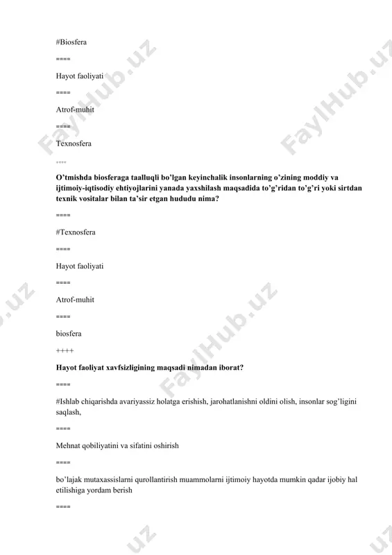 lab chiqarishda avariyassiz holatga erishish, jarohatlanishni oldini olish, insonlar sog’ligini saqlash, ==== mehnat qobiliyatini va sifatini oshirish ==== bo’lajak mutaxassislarni qurollantirish muammolarni ijtimoiy hayotda mumkin qadar ijobiy hal etilishiga yordam berish ==== uskunalarga xizmat ko’rsatishda mehnat xavfsizligini taminlash ++++ hayotiy jarayonda insonni atrof-muhit va uning tashkil etuvchilari bilan o’zaro ta’siri qaysi olim 1-marotaba asoslab bergan? ==== #yu.n.kurjakovskiy ==== ch. darvin ==== d.i. mendelev ==== v.marshal ++++ tabiiy muhitning asosiy oqimlariga nimalar kirmaydi? ==== #maishiy chiqiindilar ==== uyosh nurlanishi, yulduz va planetalar nurlanishi, kosmik nurlar ==== chang, asteroidlar; yerning elektr va magnit maydoni ==== ekotizimlarda, biosferada moddalar aylanishi ++++ texnosferadagi asosiy oqimlar qaysi javobda noto’g’ri ko’rsatilgan? ==== #iqtisod sohassi chiqindilari ==== xomashyolar, energiyalar oqimi ==== iqtisod sohasi mahsulotlarining oqimi ==== atmosfera, gidrosfera va litosfera holatlari shu jumladan favqulodda holatlar ++++ ijtimoiy muhitdagi asosiy oqimlarni ko’rsating. ==== #kislorod, oziq-ovqat, suv va boshqa moddallar oqimlari, odamlar oqimi ==== axborot oqimlari, odamlar oqimi o’qitish, …
