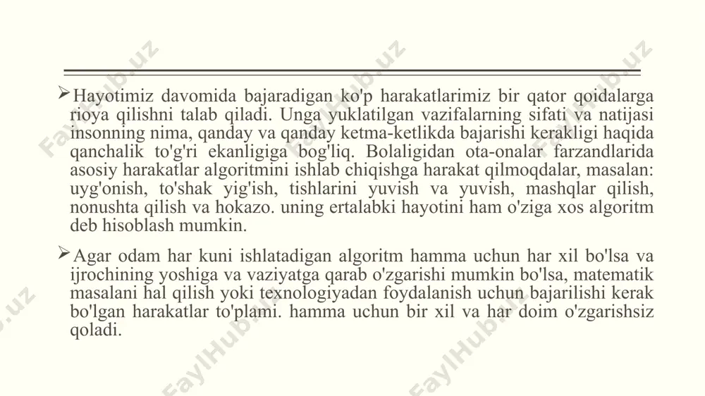 ingizda bo‘lsa so‘zlar yordamida ifodalangan. formuladagi “+”, “-”, “ * ”, “:” kabi arifmetik amallarning hisoblash qoidalariga rioya qilgan holda bajarilishi ham algoritmga misol bo‘ladi. ko‘rinishidagi kvadrat tenglamani yechish” algoritmining quyida keltirilgan formula orqali ifodasi bilan tanishsiz: algoritmlarni tasvirlash usullari: a b c d m formulala; r yordamida bu holda bajarilishi lozim bo’lgan amallar ketma-ketligi matematik formulalar, mantiqiy ifodalar ko’rinishida ifodalanadi. misol. rasmda keltirilgan to’rtburchak yuzini hisoblang. algoritmi: algoritmni jadval yordamida ifodalanishi. algoritmning bu ko‘rinishda berilishi ham sizga tanish. masalan, maktabdagi dars jadvali, pifagorning ko’paytirish jadvali, lotareya yutuqlar jadvali, mendeleyev kimyoviy elementlar jadvali. bunday jadvallardan foydalanish ma’lum bir algoritm qo‘llashni talab etadi. biror funksiyaning grafigini chizish uchun ham funksiyaning argument qiymatlariga mos qiymatlar jadvalini hosil qilamiz. bu ham algoritmning jadval ko‘rinishiga misol bo‘ladi. x -3 -2 -1 0 1 2 3 y 9 4 1 0 1 4 9 algoritmni dastur shaklida ifodalanishi. ma’lumki, kompyuter dasturlar asosida ishlaydi va boshqariladi. …