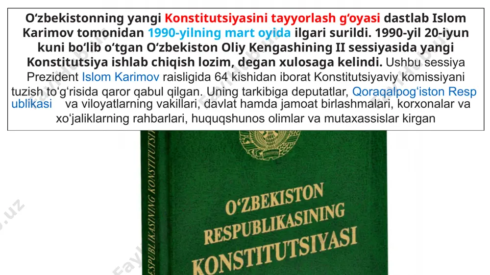 моддадан иборат бўлди: оммавий ахборот воситалари эркиндир ва қонунга мувофиқ иш олиб борадилар. давлат оммавий ахборот воситалари фаолиятининг эркинлигини, уларнинг ахборотни излаш, олиш, ундан фойдаланиш ва уни тарқатишга бўлган ҳуқуқлари амалга оширилишини кафолатлайди. оммавий ахборот воситалари ўзи тақдим этадиган ахборотнинг ишончлилиги учун жавобгардир. цензурага йўл қўйилмайди. оммавий ахборот воситаларининг фаолиятига тўсқинлик қилиш ёки аралашиш қонунга мувофиқ жавобгарликка сабаб бўлади. 9. давлат бошқарувидаги ўзгаришлар. президентнинг ваколат муддати 7 йил бўлди ўзбекистоннинг янги таҳрирдаги конституциясига биноан: президентнинг ваколат муддати 5 йилдан 7 йилга узайтирилди. президентнинг “давлат бошлиғи” мақоми, айни бир шахс сурункасига икки муддатдан ортиқ президент бўлиши мумкин эмаслиги, президентнинг қасамёди матни ва президентга тааллуқли бошқа аксарият нормалар ўзгаришсиз қолдирилди. маълумот учун, президентнинг ваколат муддати 2003 йилда ҳам 5 йилдан 7 йилга узайтирилган, 2011 йилда эса қайтиб 7 йилдан 5 йилга туширилган эди. 10. маҳаллий давлат ҳокимиятидаги ўзгаришлар. ҳокимлар кенгаш раислигидан кетади маҳаллий давлат бошқарувида вакиллик ва ижро этувчи органлар бир-биридан ажратилмоқда. …
