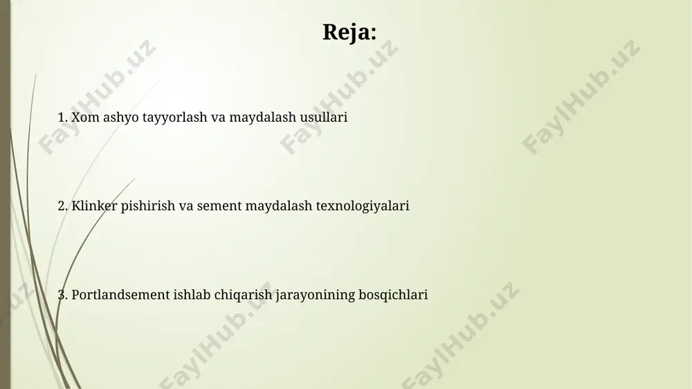 harorat ta'siridan himoya qilish bo'yicha qat'iy xavfsizlik choralarini talab qiladi. ishlab chiqarish jarayonida chang va shovqin ifloslanishi 85 db dan oshmasligi kerak, shuning uchun ishchilar maxsus himoya vositalaridan foydalanishlari va muntazam tibbiy ko‘rikdan o‘tishlari zarur. klinkerdan foydalanish klinkerni maydalash jarayonida 90-95% gacha zarrachalar o'lchami 80 mikrondan kichik bo'lishiga erishiladi, bu esa sementning sifatini va bog'lanish tezligini yaxshilaydi. klinker maydalash jarayonida, 10-15% gacha gips qo'shiladi, bu esa sementning qotishini boshqarish va kerakli bog'lanish vaqtini ta'minlashga yordam beradi. portlandsement ishlab chiqarish jarayonining bosqichlari klinkerni maydalash jarayonida, 3-5% gacha gips qo'shilib, sementning bog'lanish tezligini nazorat qilinadi va yakuniy mahsulot - portland sement olinadi. portland sement ishlab chiqarish jarayonining birinchi bosqichi, taxminan 1450°c da ohaktosh va loy aralashmasini kuydirish orqali klinker hosil qilishdan iborat bo'lib, bu jarayon aylanma pechlarda amalga oshiriladi. e'tiboringiz uchun rahmat @taqdimot_robot image1.jpg image2.jpg image3.jpg image4.jpg image5.jpg image6.jpg image7.jpg