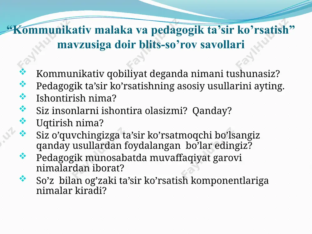ik ta’sir ko’rsatish bo‘limini o‘qib chiqib, “o‘quvchilarga pedagogik ta’sir ko‘rsatishda o‘qituvchi amal qiladigan qoidalar” ni yozib kelish adabiyot: xoliqov a.a. pedagogik mahorat. darslik. – t.: “iqtisod-moliya”, 2011.- 425 b. e’tiboringiz uchun rahmat! /docprops/thumbnail.jpeg