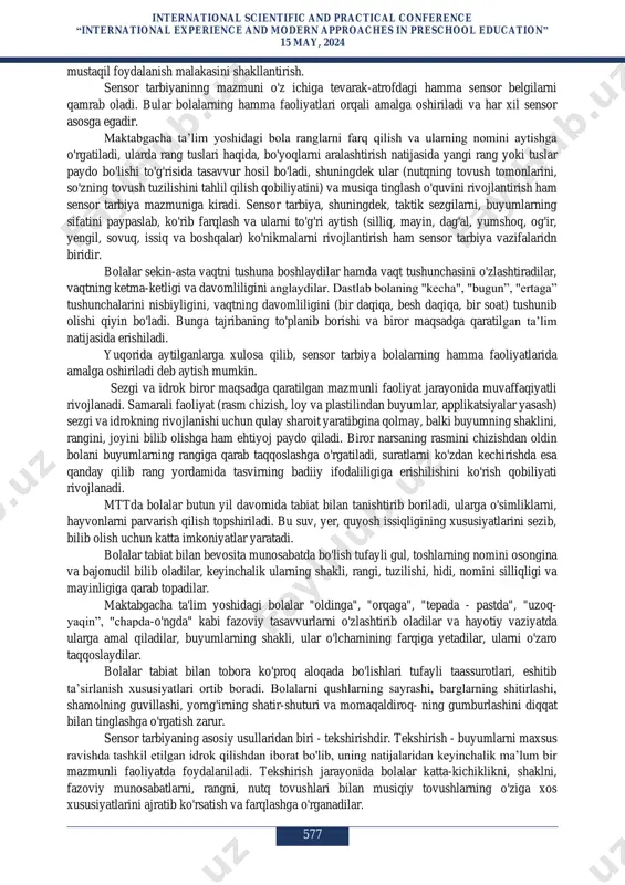 at begona odam- larga, balki o'z ota-onasiga ham hissiz bo'lib qoladilar. montesori metodikasi bo'yicha maktabgacha yoshdagi bolalarni sensor tarbiyalashda quyidagi maqsadlar nazarda tutilishi kerak: 1. barcha tashqi hissiyotlarni shakllantirish. 2. tashqi hissiyotlarni tarbiyalash orqali hali to'liq shakllanmagan barcha ruhiy jarayonlarni rivojlantirish kerak. chunki diqqat, intellekt va iroda to'liq rivojlanmagan bo'ladi. 3. odatiy bir yoqlama madaniy tasavvurdan xalos bo'lish. - 4. nutq apparatlari orqali tilni rivojlantirish, so'z boyliklarini oshirish. 5. bolalarning ruhiy va jismoniy imkoniyatlariga muvofiq tarzda, o'z-o'ziga xizmat qilishda ehtiyoj va talablarni rivojlantirish. yuqorida ko'rsatilgan pedagogik maqsadlarga erishish uchun montesori yaxshi sharoitda bolani tarbiyalash usullarini tavsiya etadi. uning materiallari ayniqsa, aqliy faoliyatni rivojlantirishda muhim ahamiyat kasb etadi. sensor tarbiyaning maqsadi maktabgacha ta'lim yoshdagi bolalarning sensor qobiliyatlarini o'stirishdan iborat. sensor tarbiya qobiliyatlarni rivojlantirish uchun bolalar buyumning faqat nimaga ishlatilishini, nomigagina bilishi yetarli bo'lib qolmay, balki ular buyumlarni chuqurroq idrok etishi, ularni ushlash, ular bilan muomalada bo'lganda xilma-xil sezgilar ishtirok etishi ham …