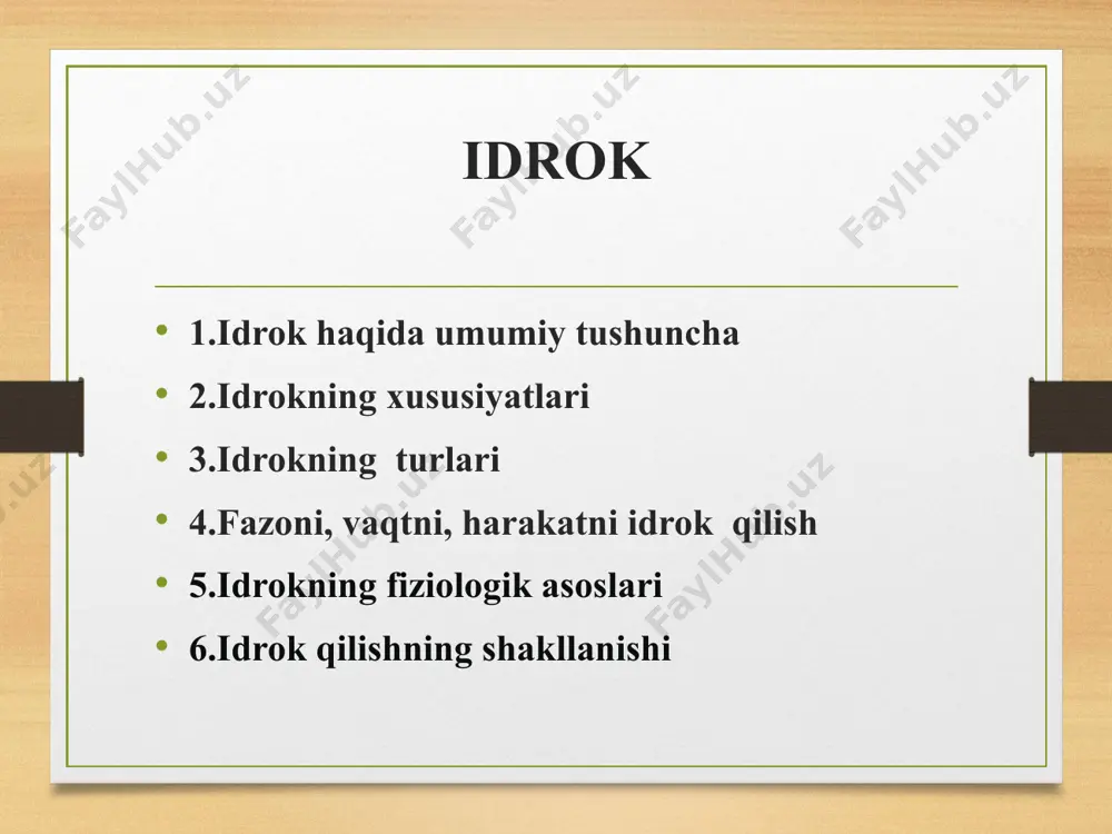 i turlarga bo’linadi: • idrok jarayonida qaysi analizatorning yetakchi rol o’ynashiga qarab; ko’rish, eshitish, hid bilish, teri, ta’m bilish, harakat idroklariga; • materiyaning yashash shakllariga qarab; fazoni, vaqtni, harakatni idrok qilishga; • faolligiga qarab; ixtiyoriy va ixtiyorsiz kabi idroklarga bo’linadi predmetlilik idrokning belgisi sifatida xatti-xarakatni boshkarishda xususan biz narsalarga ularning kurinishiga karab emas balki ularni amaliyotda kay tarzda ishlatishimizga muvofik xolda, yoki ularning asosiy xususiyatlariga karab xam baxolaymiz. predmetlilik persevtiv jarayonlarning uzini ya’ni idrok jarayonlarning bundan keyingi shakllanishida xam rol uynaydi. idrokning yana bir xususiyati uning yaxlitliligidadir. sezgi a’zolariga ta’sir kiladigan narsaning ayrim xususiyatlarini aks ettiradigan sezgilardan farkli ularok, idrok narsaning yaxlit obrazi xisoblanadi. yaxlit obraz narsaning ayrim xususiyatlari va belgilari xakida turli xil sezgilar tarzida olinadigan bilimlarni umumlashtirish negizida tarkib topadi. idrokning muhim jabhalari idrokning muhim jabhalari va tarkiblari mohiyatiga kiruvchilar qatoriga ko’z bilan aks ettirishning negizi bo’lmish ko’z harakatlari kiradi. ularo’zlariningtuzilishi, kelib chiqishi, vaqtliligi, sur’ati kabi belgilariga binoan, …