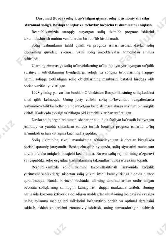 omillashtirish jarayonida xo’jalik yurituvchi sub’ektlarga nisbatan soliq yukini izchil kamaytirishga alohida e’tibor qaratilmoqda. bunda, birinchi navbatda, ularning daromadlaridan undiriladigan bevosita soliqlarning salmogini kamaytirish diqqat markazda turibdi. buning natijasida korxona ixtiyorida qoladigan mablag’lar ulushi-ning ko’payishi evaziga uning aylanma mablag’lari mikdorini ko’tgaytirib borish va optimal darajasini saklash, ishlab chiqarishni zamonaviylashtirish, uning samaradorligini oshirish maqsadida ko’proq investitsiya kiritish, xodimlar mehnatini yanada rag’batlantirish imkoni paydo bo’ladi. tushumlarning hajmi bo’yicha ikkinchi o’rinda turadigan jismoniy shaxslarning daromadlaridan olinadigan soliqni kiskartirish yuzasidan amalga oshirilayottan choralar aholi daromadlarining real darajasini oshirish va tegishli ravishda iqtisodiy rivojlanishning muhim omili bo’lgan to’lovga layoqatliligini kuchaytirishga yo’naltirilgan. jismoniy shaxslar daromadlarini soliqqa tortishning samarali tizimini yaratishga oid vazifalarning ahamiyati mazkur tizimning ijtimoiy masalalarga daxldorligi aholi turmush darajasiga kursatadigan ta’siri bilan bog’likdir. shundan kelib chiqqan holda darodad solig’ining qo’llaniladigan shkalasi muntazam ravishda takomillashtirilmoqda. xususan, mamlakatimizda 1998-1999 yillarda ushbu soliqning maksimal stavkasi 45 foiz bo’lgan 5 darajali shkala qo’llanilgan bo’lsa, 2000 yilda - maksimal stavkasi …