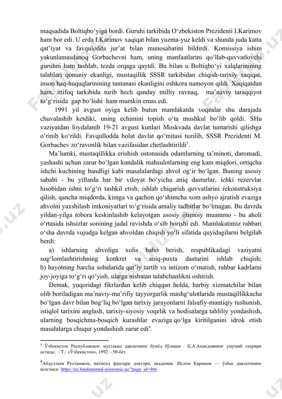inqiroziy holatni to‘xtatib bo‘lmas edi. shu sababdan ham, davlat emirilishidan jiddiy xavotirga tushgan sobiq ittifoq rahbariyati 1990 yilning kuzida markaz va respublikalar o‘rtasidagi munosabatlarni yangi holatga o‘tkazish maqsadida muzokara jarayonini boshlashga majbur bo‘ldi[footnoteref:2]. [2: и.а. каримов. ўзбекистон мустақилликка эришиш остонасида. –тошкент:«ўзбекистон», 2011 ] 1990 yil oxirlariga kelib boltiqbo‘yi mamlakatlari mustaqillik to‘g‘risidagi talablarni sssr oliy kengashi majlisi va xalq deputatlari quriltoyiga ko‘ndalang qilib qo‘yganlaridan so‘ng prezident m. gorbachev bir guruhi deputatlar va rahbarlar bilan vaziyatni o‘rganish, aniqrog‘i, tazyiq qilish, ta’sirini o‘tkazish maqsadida boltiqbo‘yiga bordi. guruhi tarkibida o‘zbekiston prezidenti i.karimov ham bor edi. u erda i.karimov xaqiqat bilan yuzma-yuz keldi va shunda juda katta qat’iyat va favqulodda jur’at bilan munosabatini bildirdi. komissiya ishini yakunlamasdanoq gorbachevni ham, uning manfaatlarini qo‘llab-quvvatlovchi guruhni ham tashlab, tezda orqaga qaytdi. bu bilan u boltiqbo‘yi xalqlarinining talablari qonuniy ekanligi, mustaqillik sssr tarkibidan chiqish-tarixiy xaqiqat, inson haq-huquqlarinining tantanasi ekanligini oshkora namoyon qildi. xaqiqatdan ham, ittifoq tarkibida turib hech qanday …