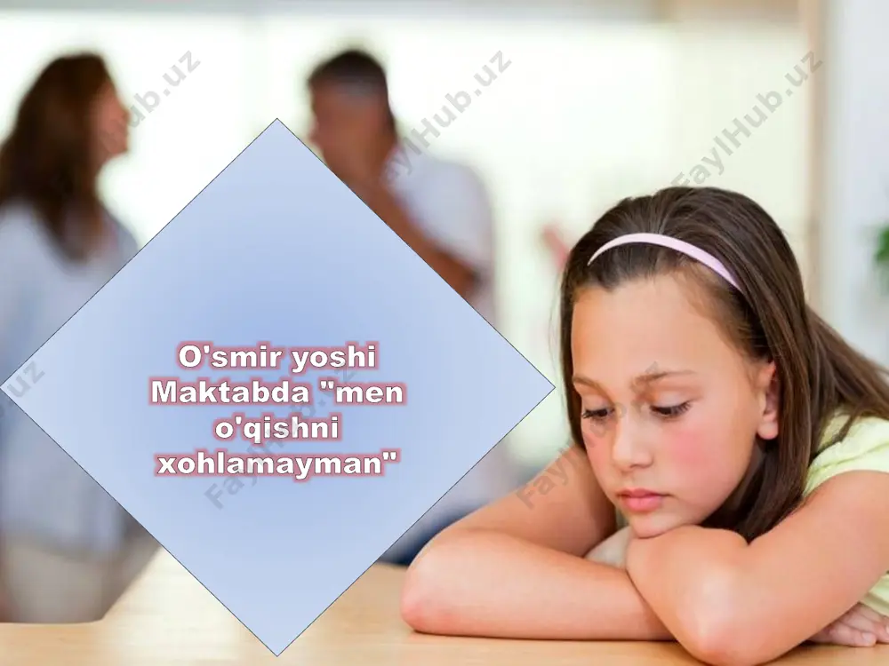 h muddati. ertalabki mashqlar va gigiena protseduralari uchun ma'lum vaqt 3. tizimli jismoniy faoliyat muntazam jismoniy mashqlar 12 как помочь ребёнку? hissiy-irodaviy soha hisoblanadi shakllanish bosqichida, o'smirning kayfiyati va qiziqishlari beqaror, his-tuyg'ular va istaklar bir-biriga zid, stress, qo'rquv, maktabdagi stress, muvaffaqiyatsizlik hissi, o'ziga ishonchsizlik, o'z-o'zini hurmat qilishning pasayishi. psixologik voyaga etganlik hissi - bu ongning yangi shakllanishi, bu orqali o'spirin o'zini boshqalar (kattalar yoki o'rtoqlar) bilan taqqoslaydi, boshqa odamlar bilan munosabatlarini quradi, faoliyatini qayta tashkil qiladi. д.б. эльконин ota-onalarning vazifasi agar o`g`il bola bo'lsa- fikrlaringizni aniq va qisqacha shakllantiring, hech qanday holatda bir xil narsani qayta qayta takrorlamang agar qiz bo'lsa- samimiy suhbat, qiz do'stlari kabi o'smir bilan muloqot qilishni o'rganish bolaning o'zi nimani xohlashini eshitish uni qiziqtirgan sohada (repetitorlar, to'garaklar va boshqalar)iste'dodini rivojlantirishga yordam berish. o'rganishda namuna ko'rsating bolangizga maqsadlar qo'yishga o'rgating - qisqa muddatli va uzoq muddatli ijtimoiy-psixologik sababi: etakchi faoliyatning o'zgarishi maktabgacha yosh-o'yin kichik maktab-o'qish o'rta maktab-tengdoshlar …