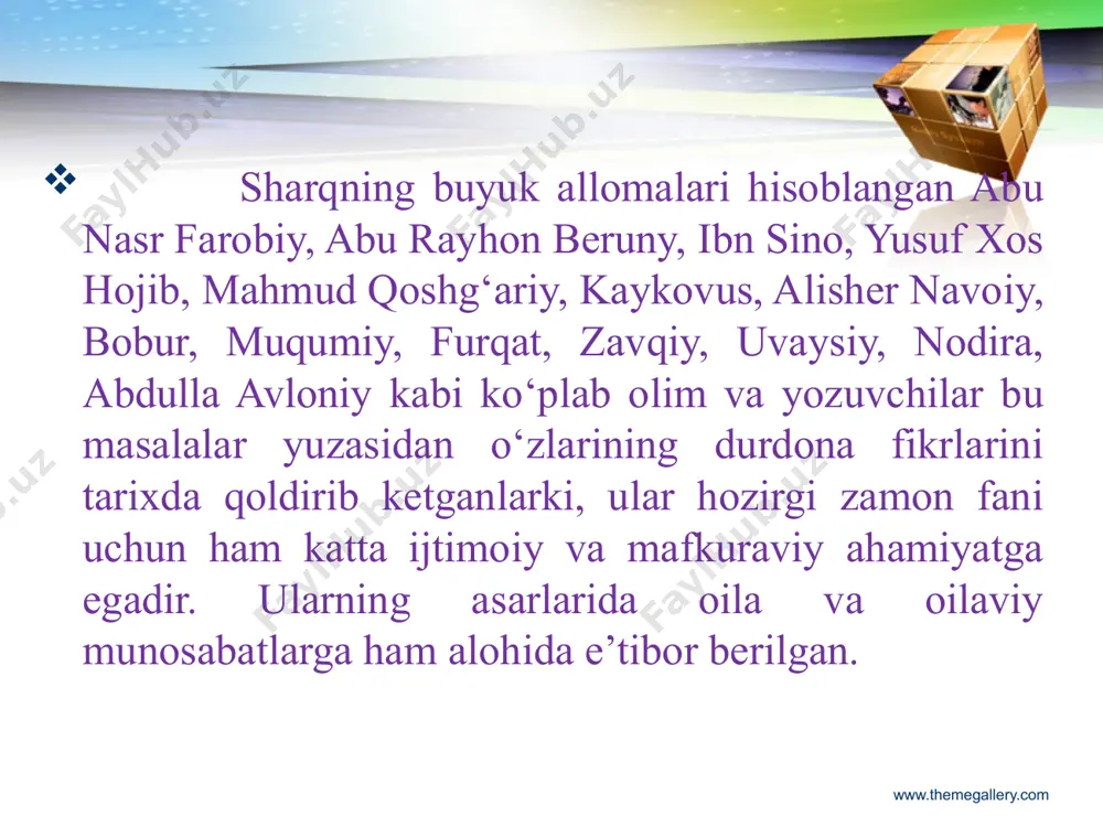 t va o‘zaro ishonch ekanligi ta‘kidlanib, er-xotinning bir-biriga xiyonati qattiq la‘natlangan, begona erkak bilan juftlashgan ayol badnom qilinib, jazolangan va nikohdagi eri uchun - harom” hisoblangan. www.themegallery.com jumladan, turmushga chiqish va uy bekasi bo‘lishning besh turi ko‘rsatilgan: podshoh xotin. buning ma’nosi shundaki, yigit va qiz ota-onalarining roziligi bilan turmush quradilar. bunda onalarning mavqei baland bo‘ladi. ayuqxotin, ya’ni “yakkabonu”. agar yigit biron oiladagi yagona farzand – qiziga uylansa, oldindan bu xonadonni yakkalab, merosxo‘rsiz qoldirmaslikga va’da beradi, yangi oilada tug‘ilgan birinchi o‘g‘il bobosi-yu buvisining nomiga o‘tkaziladi va bola ularning merosxo‘ri bo‘ladi. chokar xotin. avvalgi jufti halolidan ajralgan erkak yoki o‘ziga yangi turmush o‘rtog‘i tanlaydi. zardushtiylik e’tiqodicha, er yoki xotin vafotidan so‘ng oldingi jufti halolligiga nikoh sohibi hisoblanadi. binobarin, ikkinchi er yoki xotin oldingisining chokari hisoblanadi. shuningdek, er farzand ko‘rish ilinjida, birinchi xotin roziligi bilan ikkinchi marotaba uylansa, ikkinchi ayol birinchisiga nisbatan “chokarxotin” hisoblanadi. o‘zboshimcha xotin. zardushtiylik dini qoidasiga ko‘ra, o‘g‘il-qizlar 21-yash bo‘lgunga …
