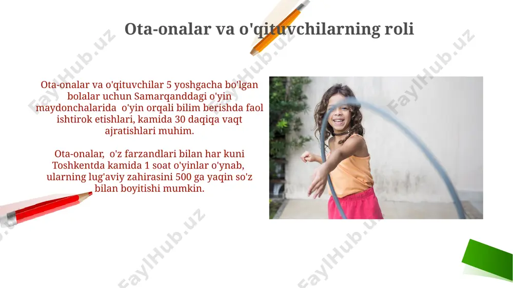 ni o'rgatishga yordam beradi va ularning faol nutqini 8% ga oshiradi, andijon viloyatining tajribasiga asoslanib. "qo'g'irchoq teatri" kabi rollarni ijro etadigan o'yinlar, bolalarning 3-5 yosh oralig'ida grammatik tuzilmalarni o'zlashtirishiga va gap qurilish malakalarini 15% ga yaxshilashga yordam beradi, toshkentdagi kuzatuvlar shuni ko'rsatmoqda. turli xil o'yin turlari va ularning ta'siri toshkent shahridagi maktabgacha ta'lim muassasalarida o‘tkazilgan tadqiqotlar shuni ko‘rsatdiki, murakkab konstruktorlardan foydalanib o‘ynash 6 yoshli bolalarning mantiqiy fikrlash qobiliyatini 15% ga oshiradi. samarqand viloyatidagi 100 nafar bola ishtirok etgan tajriba shuni ko‘rsatdiki, rol o‘yinlari (masalan, “shifokor” yoki “dasturchi”) bolalarning ijtimoiylashuv ko‘nikmalarini va so‘z boyligini 20% ga yaxshilaydi. o'yin jarayonini kuzatish va baholash o'yin paytida 3-5 nafar bola o'rtasidagi hamkorlik, muammo yechish va ijtimoiy munosabatlarni kuzatish orqali kommunikativ ko'nikmalarini baholash, toshkentdagi eksperimental guruhda o'tkazilgan tadqiqot natijalariga ko'ra, ijobiy ta'sir ko'rsatdi. bolalar bog'chasi o'yin maydonchasida 10-15 minutlik kuzatish davomida, bolaning diqqat darajasi, mustaqilligi va ijodkorligi kabi 3 ta asosiy ko'rsatkichni baholash orqali, andijon …