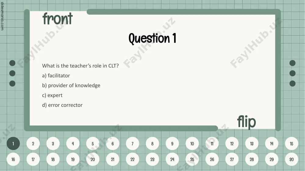 16 17 18 19 20 21 22 23 24 25 26 27 28 29 30 a) chain story question 9 text-based approach is also known as grammar -translation method clt approach genre-based approach pbl approach 9 front flip 1 2 3 4 5 6 7 8 9 10 11 12 13 14 15 16 17 18 19 20 21 22 23 24 25 26 27 28 29 30 c) genre-based approach question 10 text-based approach is based on four key elements three key elements two key elements one key element 10 front flip 1 2 3 4 5 6 7 8 9 10 11 12 13 14 15 16 17 18 19 20 21 22 23 24 25 26 27 28 29 30 a) four key elements question 11 guided practice develop language skills for speaking skills meaningful communication transferable skills teaching skills 11 front flip 1 2 3 4 …