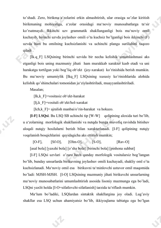 bo’lib, ikkiyoqlama tabiatga ega bo’lgan lug’aviy sintaktik shakllar (nisbat shakllari, ravishdosh, sifatdosh) qolip uchun ahamiyatli vositalar sifatida lug’aviy shakllar tizimining chekkasidan joy oladi. so’z birikmasi lsq larida birikuv omillari. sbning ichki tuzilishi, tashkil etuvchi a‘zolarning o’zaro munosabatini o’rganish jarayonida birikishning ichki qonuniyati ochiladi. sbda bog’lanish a‘zolardan birining faolligi asosida emas, balki har ikki a‘zoning ham bir-biriga, avvalo, ma‘noviy, qolaversa, shakliy joylashuv jihatdan moslashishlari asosida yuz beradi. chunki tobelanayotgan leksemaning birikish imkoniyati voqelanishga, hokim a‘zoning biriktirish talabi esa qondirilishga intiladi. sbdagi a‘zolarning goh bittasining (maktabga bormoq), goh ikkinchisining ham (maktabning bog’i) grammatik shakllanishi asosida sintaktik aloqaning ikki bir tomonlama aloqa, ikki tomonlama aloqa turlarini farqlash maqbul emas. unda bitishuvli (keng dala) birikmalarning hech qanday aloqasiz birikma deyishga to’g’ri kelgan bo’lur edi. yuqoridagi aloqaning ikki ko’rinishi bog’lovchi vositalarga qarab belgilangan, xolos. so’z birikmasida aloqa har doim ham ikki tomonlamadir. sb a‘zolarining ikki yoqlama-birikish imkoniyati (tobe a‘zo) va biriktirish talabi (hokim a‘zo) aloqadorligi …
