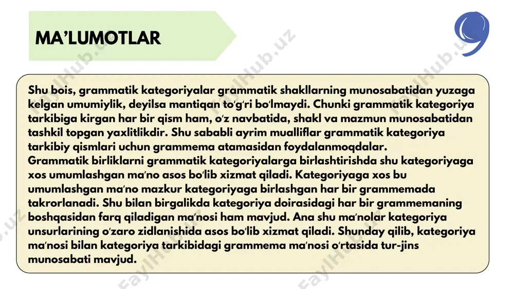 u jarayon 19-asrning 2-yarmidan boshlangan. dastlab rus turkshunosi m. a. terentyev "turk, fors, qirgʻiz (qozoq) va oʻzbek tillarining grammatikasi" (1875) kitobini yozib, sanktpeterburgda nashr ettirgan. bu kitob mahalliy tilni oʻrganmoqchi boʻlgan rusiyzabon kishilarga moʻljallangan edi. oʻzbek tilining izchil ilmiy grammatikasini yaratishni 20-asrning 20-yillarida fitrat, gʻozi yunus, shorasul zunnun va boshqalar boshlab berdilar. keyinchalik bu sohada a.gʻulomov, gʻ.abdurahmonov, a.hojiyev, sh.rahmatullayev, sh.shoabdurahmonov, s.usmonov, b.oʻrinboyev va boshqa tilshunos olimlar katta ishlarni amalga oshirdilar. grammatikada vositalari grammatik ma'noni ifodalash vositalari 1. affiksatsiya. bunda grammatik ma’no shakl yasovchi affikslarni qo`shish bilan ifodalanadi: maktablar, maktabga, oddiyroq, ishlandi. 2. yordamchi so`zlar. mustaqil ma’noli so`zlar yordamchi so`zlar orqali grammatik ma’noga ega bo`lishi mumkin: daraxt mevasi bilan ko`rkam, odam - mehnati bilan. (maqol) 3. takrorlash. dasta-dasta gul, xirmon-xirmon paxta kabi. bunda dasta, xirmon so`zlarini takrorlash bilan ko`plik, mo`llik ma’nosi ifodalangan. 4. suppletivizm. bu - o`zaro bog`langan, ma’lum bir tizimni tashkil qilgan grammatik ma’nolarni ifodalash uchun alohida-alohida so`zdan foydalanish usuli. …