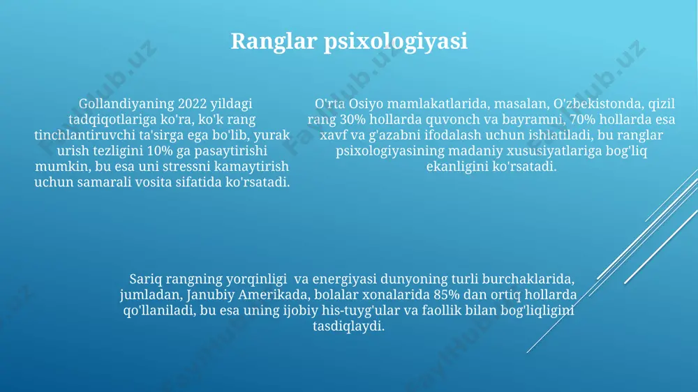 ri, masalan, anilin boʻyoqlari, milliy bezak san'atiga zamonaviy uslublarni kiritishga imkon berdi va 50 dan ortiq yangi naqsh va naqshlar yaratildi. 19-asr oxiri, toshkentda paydo bo'lgan yangi ranglar texnologiyalari, masalan, anilin boʻyoqlari, milliy bezak san'atiga zamonaviy uslublarni kiritishga imkon berdi va 50 dan ortiq yangi naqsh va naqshlar yaratildi. ranglarni tanlash bo'yicha maslahatlar ranglarni tanlashda, masalan, 30% to'q ranglar va 70% ochiq ranglar nisbatini saqlash, xonaning kengroq ko'rinishiga yordam beradi, ayniqsa, toshkentdagi kichik xonalar uchun juda mos keladi. psixologik ta'sirni hisobga oling: masalan, yashil rang tinchlantiradi, qizil esa energiya beradi. 5 ta asosiy rangdan foydalanib, muvozanatli va uyg'un dizayn yaratishingiz mumkin. fransiya dizaynerlarining tajribasiga ko'ra, 2 dan ortiq asosiy ranglarni bir xonada ishlatish, agar ularning to'yinganligi va yorqinligi to'g'ri tanlangan bo'lsa, zamonaviy va jozibali ko'rinish yaratadi. e'tiboringiz uchun rahmat @taqdimot_robot