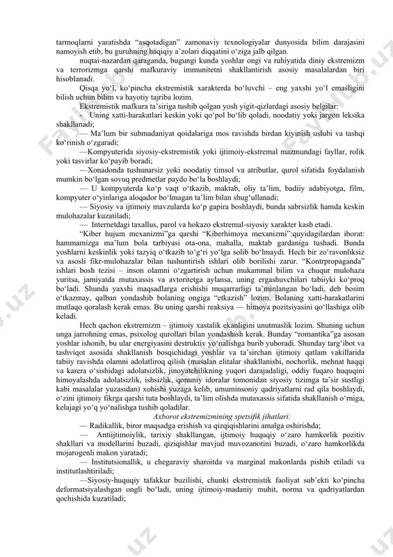 atan ham xakerlik yoki axborot urushi masalasi ekanligini taʼkidlamoqda. hozirgi hujum va himoya texnologiyalarini hisobga olgan holda, elektron vositalardan foydalangan holda aholida qoʻrquv, jiddiy jismoniy zarar yoki oʻlim paydo boʻlishi ehtimoli yoʻqligi sababli uni terrorizm deb belgilashga rozi emaslar. umuman kiberjinoyatda boʻlgani kabi, kiberterrorizm aktlarini amalga oshirish uchun talab qilinadigan bilim va koʻnikmalar chegarasi erkin foydalanish mumkin boʻlgan xakerlik toʻplamlari va onlayn kurslar tufayli doimiy ravishda pasayib bormoqda. bundan tashqari, jismoniy va virtual olamlar jadal sur’atlar bilan birlashib, yana koʻplab imkoniyatlar maqsadlariga erishmoqda, buni stuxnet, 2018-yildagi saudiya neft-kimyosi sabotaj urinishi va boshqalar kabi eʼtiborga molik kiberhujumlar tasdiqlaydi. hozirgi davrda fan, texnika va asosan kompyuter taraqqiyoti mahsuli bo‘lgan kibermakon va uning boshqaruvchi qiyofasi “superkorporatsiya” texnologiyalarning insoniylikdan begonalashuvi natijasida din niqobidagi ijtimoiy va madaniy buzg‘unchilikni sodir etishga bo‘lgan urinishlar tobora kuchayib bormoqda. jumladan, bugungi kunda kiberterrorchilik tuzilmalari o‘z g‘arazli maqsadlari yo‘lida axborot-kommunikatsiya texnologiyalaridan keng foydalanishga urinmoqda. bu borada o‘zbekiston respublikasi birinchi prezidenti …