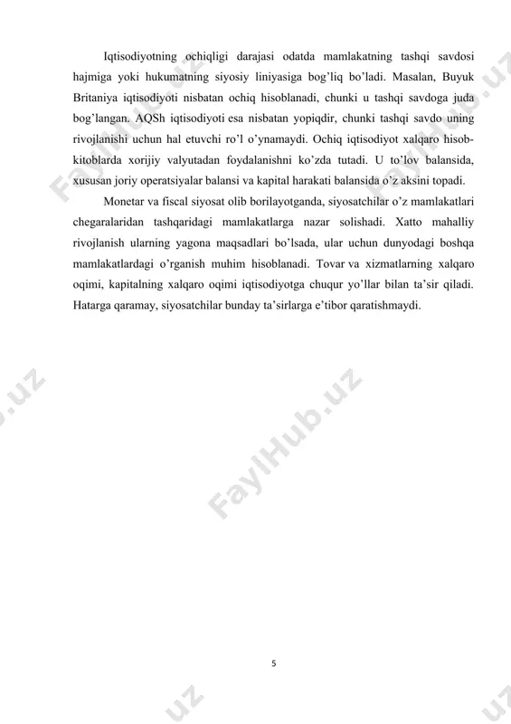 abul qilinadi. katta ochiq iqtisodiyot- ko’lami yirikligi sababli foiz stavkasi mamlakatning ichida ro’y berayotgan jarayonlarning jiddiy ta’sirida shakllanadigan iqtisodiyotdir. katta ochiq iqtisodiyot- jahon jamg’armalari va investitsiyalarining katta qismiga egalik qilayotan yirik mamlakat (aqsh, xxr, germaniya, yaponiya, rossiya va boshq.) iqtisodiyotidir. bunday mamlakatlar jahon moliya stavkasiga ta’sir ko’rsata oladi. ochiq iqtisodiyotning asosiy ko’rsatkichlari quyidagilardir: a) yaimdagi tashqi savdo kvotasi; b) ishlab chiqarish hajmidagi eksport ulushi; g) iste’mol tarkibidagi importning ulushi; d) investitsiyalar hajmidani xorijiy investitsiyalarning ulushi. iqtisodiyotning ochiqligi darajasi odatda mamlakatning tashqi savdosi hajmiga yoki hukumatning siyosiy liniyasiga bog’liq bo’ladi. masalan, buyuk britaniya iqtisodiyoti nisbatan ochiq hisoblanadi, chunki u tashqi savdoga juda bog’langan. aqsh iqtisodiyoti esa nisbatan yopiqdir, chunki tashqi savdo uning rivojlanishi uchun hal etuvchi rol o’ynamaydi. ochiq iqtisodiyot xalqaro hisob-kitoblarda xorijiy valyutadan foydalanishni ko’zda tutadi. u to’lov balansida, xususan joriy operatsiyalar balansi va kapital harakati balansida o’z aksini topadi. 2. mandell flemingning ochiq iqtisodiyot modeli. ichki muvozanat - inflyatsiya …