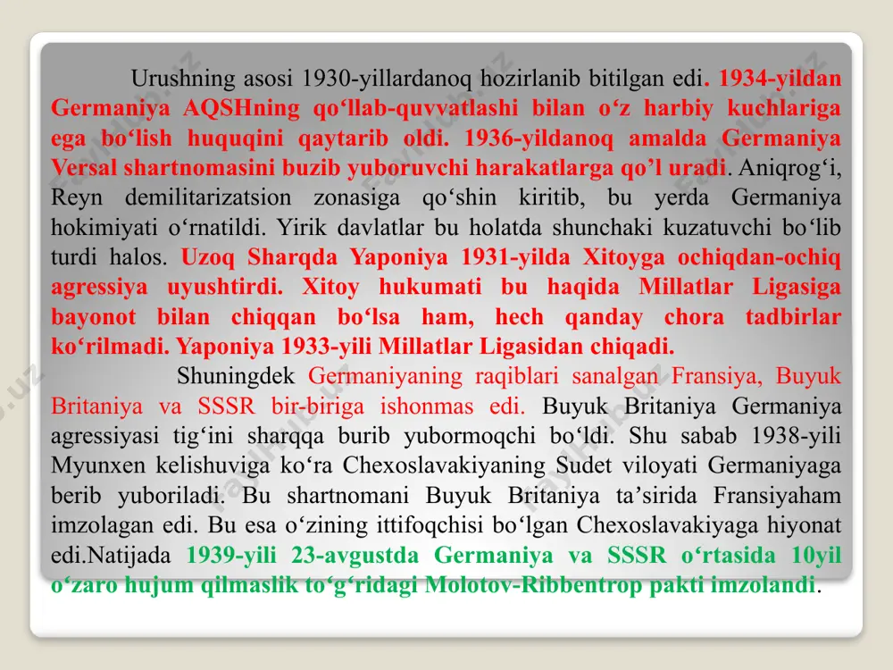 shartnoma imzolandi. unga ko'ra, mustaqil polsha davlati tugatildi va bo'lib olindi. ayni paytda, g'arbiy ukraina va g'arbiy belorussiya sovet davlatiga berildi. polshaning germaniya bilan chegaradosh yerlari germaniyaga o'tdi. u yerda nemisgeneral-gubernatorligi tuzildi. 1939-yil 28-sentyabrda imzolangansovet-german shartnomasiga ko'ra, sovet hukumati boltiqbo'yi respublikalaridan sovetlar armiyasini bu respublikalarda joylashtirish va o'zaro yordam to'g'risida shartnoma imzolashni talab etdi. boltiqbo'yi respublikalarining bu talabga bo'ysunmaslikka ilojlari yo'q edi. 30-noyabrda sovet armiyasi finlyandiyaga hujum qildi. bu qilmishi uchun millatlarligasidan chiqarildi (1934-yili qabul qilingandi). buyuk britaniya va fransiya germaniyaga urush e’lon qilgan bo'lsa-da, faol harbiy harakatlar boshlamadilar. germaniya armiyasining asosiy kuchlari polsha bilan band bo'lib qolgan paytda bunday imkoniyat bor edi. buyuk britaniya va fransiyaning bu pozitsiyasi 1940-yil bahorigacha davom etdi. ularning faolsizligi tarixga «g'alati urush» nomi bilan kirdi. buyuk britaniya va fransiya qudratli harbiy-dengiz flotlari kuchi bilan germaniyani blokada iskanjasiga olishni rejalashtirgandi. ayni paytda, ular fransiya - germaniya chegarasida fransiya bunyod etgan kuchli mudofaa inshootlari germaniyaning g'arbga …