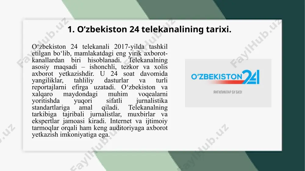 k, u rasmiy manbalar asosida aniq va faktlarga asoslangan axborot yetkazib, jamiyatda ishonchli ma’lumot olish madaniyatini shakllantirishga xizmat qiladi. oʻzbekistonning ijtimoiy, iqtisodiy, siyosiy va madaniy taraqqiyotini targʻib qilish, xalqaro hamkorlikni mustahkamlash va mamlakat imidjini oshirish ham telekanalning muhim yoʻnalishlaridan biridir. 3. efirdagi dasturlar va ularning yoʻnalishlari. oʻzbekiston 24 telekanali efirida turli yoʻnalishlardagi dasturlar namoyish etiladi. asosiy yoʻnalish axborot va tahlilga qaratilgan boʻlib, kunning muhim voqealari va jarayonlari haqida tezkor yangiliklar uzatiladi. tahliliy dasturlar esa siyosiy, iqtisodiy va ijtimoiy mavzulardagi dolzarb masalalarni keng muhokama qiladi. shuningdek, xalqaro hamkorlik, innovatsion rivojlanish, texnologik yangiliklar, madaniyat va san’at sohalariga oid maxsus ko‘rsatuvlar ham efirga uzatiladi. telekanalda intervyular, hujjatli filmlar, ekspertlarning fikrlari asosida tayyorlangan dasturlar ham namoyish etilib, tomoshabinlarga chuqur tahlil va aniq ma’lumot yetkazish maqsad qilingan. oʻzbekiston 24 telekanali efirida yangiliklar, tahliliy ko‘rsatuvlar, intervyular, hujjatli filmlar va maxsus reportajlar muntazam namoyish etiladi. yangilik dasturlari mamlakat va dunyoda sodir bo‘layotgan dolzarb voqealarni tezkor va xolis …