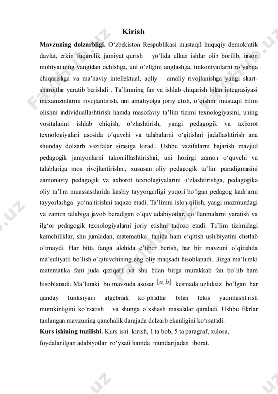 uqtada yaqinlashuvchi uzluksiz funksiyalar ketma-ketligi bunday xossaga ega bo’lishi shart emas. masalan, ketma-ketlik kesmaning har bir nuqtasida nolga yaqinlashishi turgan gap, ammo da munosabatga ega bo’lamiz . ( bu yerda biz almashtirishdan foydalandik). eslatib o’tamiz, agar funksiya kesmaning har bir ichki nuqtasida differensiallanuvchi bo’lib, a nuqtada o’ng hosilaga va b nuqtada chap hosilaga ega bo’lsa va bundan tashqari, shunday aniqlangan funksiya kesmaning har bir nuqtasida uzluksiz bo’lsa, bunday funksiyani kesmada uzluksiz differensiallanuvchi deb atagan edik. 2-teorema. faraz qilaylik, funksiyalar kesmada uzluksiz differensiallanuvchi bo’lib, hosilalar ketma-ketligi shu kesmada tekis yaqinlashsin. agar sonli ketma-ketlik biror da yaqinlashsa, u holda: (i) funksional ketma-ketlik biror funksiyaga tekis yaqinlashadi; (ii) limit funksiya kesmada uzluksiz diffeensiallanuvchi bo’ladi; (iii) quyidagi tenglik bajariladi. isbot. agar ketma-ketlik kesmada biror funksiyaga tekis yaqinlashsa, limit funksiya shu kesmada uzluksiz bo’ladi. faraz qilaylik, sonli ketma-ketlik a soniga yaqinlashsin. u holda , quyidagi nyuton-leybnits formulasida deb limitga o’tsak, 1- teoremaga ko’ra, o’ng tomondagi …
