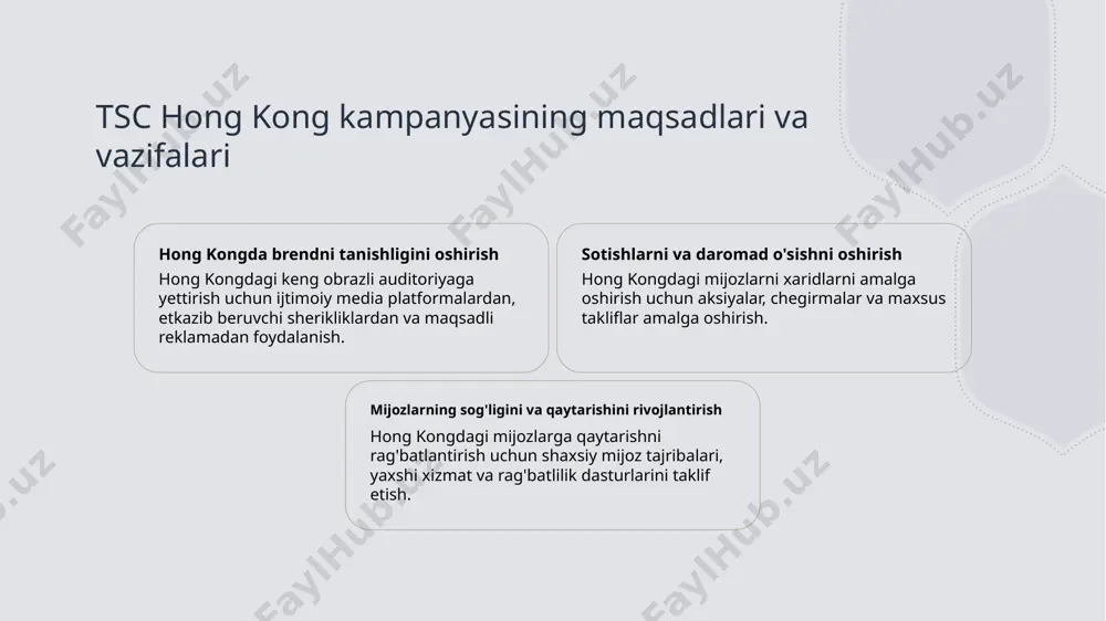 so'rovnoma, fokus guruhlar va ijtimoiy media izohlari orqali fikrlar to'plash. tsc hong kong kampaniyasining natijalari va keyingi qadamlari 1 kampaniya natijalari va ta'siri tsc hong kong kampaniyasi muvaffaqiyatli ravishda diqqatni ko‘paytirdi, qatnashishni oshirdi va sotishlarni 20%ga ko‘paytirdi. 2 kelajakdagi loyihalar va kengayish kampaniyaning keyingi bosqichlari orasida ijtimoiy media ta'sirchilari bilan hamkorlikni boshlash va osiyo boshqa mintaqalarga kengaytirish kiritilgan. 3 davom etadigan qatnashish va barqarorlik sohalar yo‘lni davom ettirish uchun, mustaqil mijozlar bilan doimiy qatnashish orqali, qayta ishlash dasturlari va qayta ishlash initsiativlari kabi barqaror amallar amalga oshiriladi. e'tiboringiz uchun rahmat! /docprops/thumbnail.jpeg