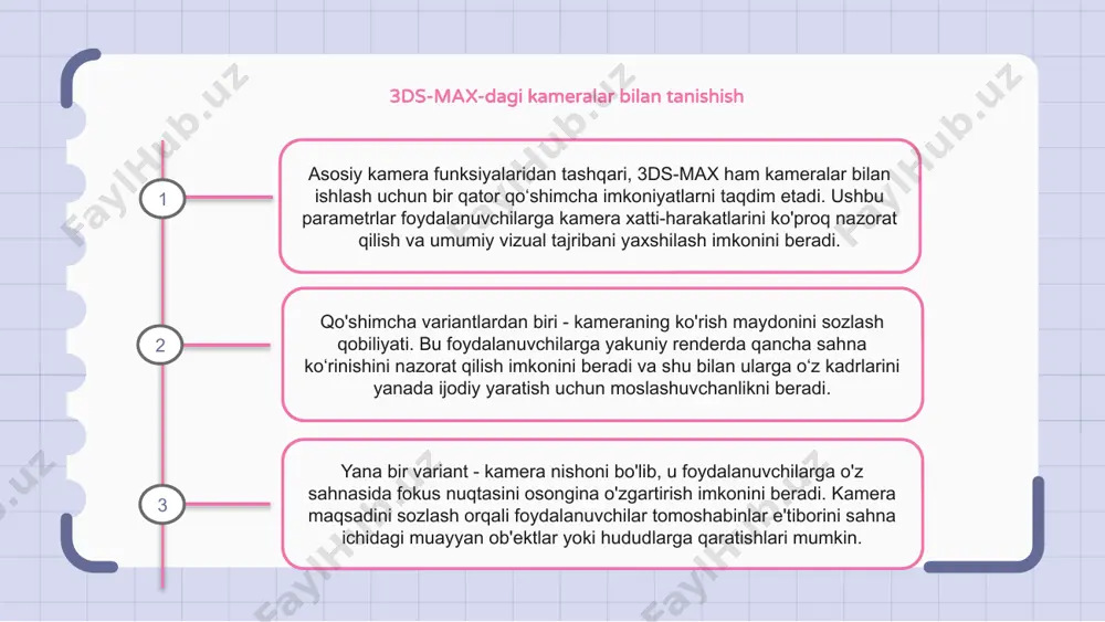 anishini va boshqa parametrlarini asosiy kadrga kiritishingiz mumkin. 3ds-max-da ilg'or kamera harakatlari 3ds-max-da kameralar bilan ishlash uchun bir nechta qo'shimcha imkoniyatlar mavjud. ushbu parametrlar ilg'or kamera harakatlari va nazorat qilish imkonini beradi. 3ds-max-dagi ilg'or kamera harakatlaridan biri bu murakkab kamera yo'llarini yaratish qobiliyatidir. splinelar yoki egri chiziqlardan foydalanib, siz dinamik va qiziqarli suratlarni yaratib, kamera bosib o'tadigan yo'lni belgilashingiz mumkin. 3ds-max-da ilg'or kamera harakatlarining yana bir varianti - maqsadli kameralardan foydalanish qobiliyati. maqsadli kamera yordamida siz kameraning diqqat markazida bo'lishi uchun ma'lum bir nuqta yoki ob'ektni belgilashingiz mumkin, bu sizning suratlaringiz tarkibini aniq nazorat qilish imkonini beradi. bir sahnada bir nechta kameralar bilan ishlash 3ds-max-da kameralar bilan ishlash uchun qo'shimcha imkoniyatlar mavjud. ushbu variantlardan biri sahnada bir nechta kameralar bilan ishlash qobiliyatidir. sahnada bir nechta kameralar bilan ishlash yanada dinamik va ijodiy suratga olish imkonini beradi. bu rassomga turli xil kamera burchaklari va istiqbollari o'rtasida almashish imkoniyatini beradi. bu, ayniqsa, …