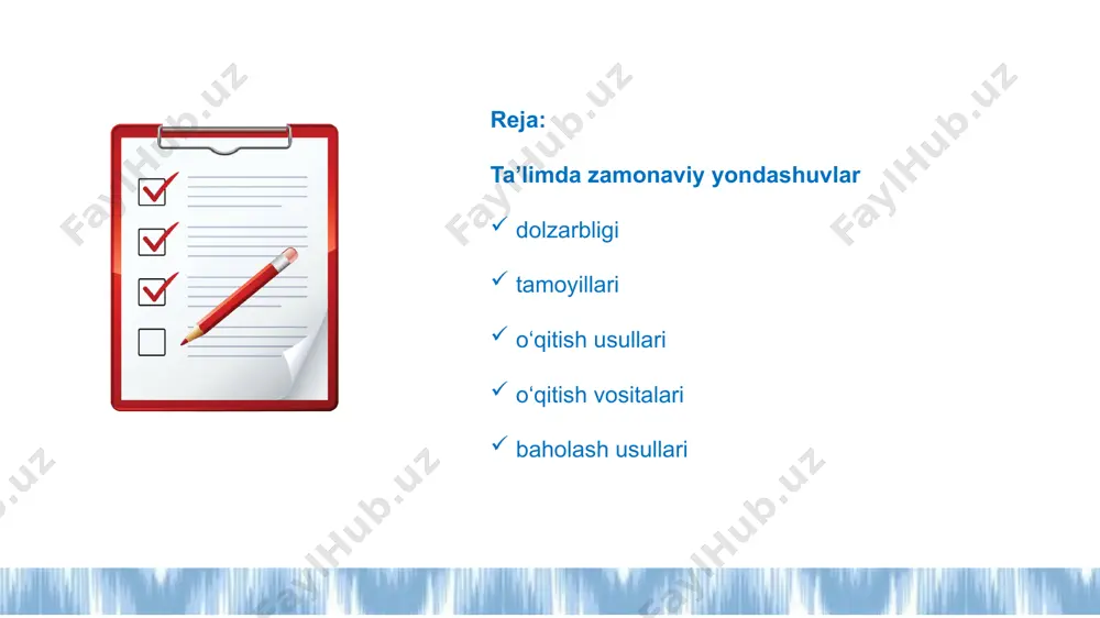 orqali uni topadi, tushunadi va qo‘llaydi. asosiy tamoyillar: o‘quvchi markazda savol asosida o‘rganish tajribaga tayangan faoliyat fikr yuritish va tahlil qilish kerak muammoga asoslangan ta’lim — bu o‘quvchilarning real yoki hayotga yaqin muammoni hal qilish orqali bilimga ega bo‘lishini nazarda tutadigan yondashuvdir. o‘quvchi muammoni tahlil qiladi, yechim izlaydi va o‘z bilimlarini mustaqil rivojlantiradi. loyihaga asoslangan ta’lim — bu o‘quvchilar muayyan bir mavzu yoki muammo bo‘yicha loyiha ishlab chiqish orqali bilim va ko‘nikmalarni egallaydigan yondashuvdir. o‘rganish jarayoni real hayotga yaqin topshiriqlar asosida amalga oshiriladi. 10 ta’limda zamonaviy yondashuvlar: o‘qitish vositalari raqamli texnologiyalar grafik organayzerlar qo‘shimcha adabiyotlar, ilmiy ommabop nashrlar, ilmiy maqolalar sun`iy intellekt (artificial intelligence ai ) virtual reality (vr) augmented reality (ar) ta’limda zamonaviy yondashuvlar: baholash usullari oshpaz ovqatni tayyorlash jarayonida ta’mini tatib ko‘radi xo‘randalar taomni tatib ko‘radi ta’limda zamonaviy yondashuvlar bu – … zamonaviy yondashuvlar – darsni jonlantiruvchi kuch! xulosa “siz sanagan omillar darsda o‘quvchini zeriktiradigan sabablardir. juda tanish …