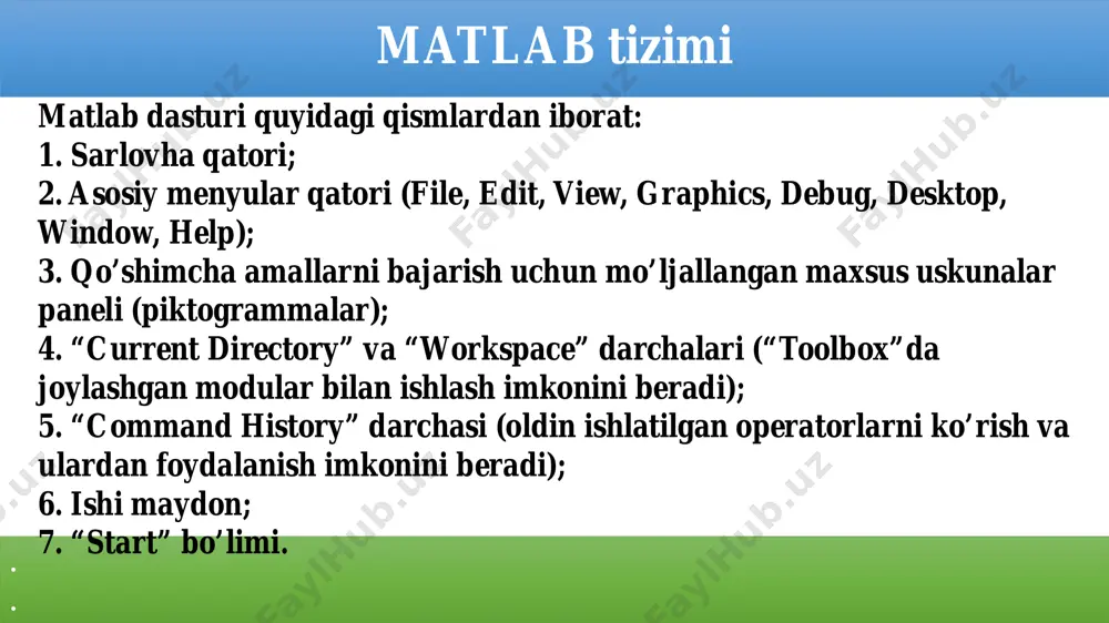 irishlar kiritilgandan keyin ok tugmasini bosish yo‘li bilan oyna yopiladi. simulink paketi hamma zarur bloklar sxemaga joylashtirilgandan keyin sxema elementlari o‘zaro ulanadi. bloklarni o‘zaro bir-biriga ulash uchun blokning chiqishiga kursor olib boriladi va sichqonchaning chap tugmasi bosilgan holda boshqa blokning kirishigacha liniya chiziladi. bog‘lanish liniyasida tarqalish nuqtasini hosil qilish uchun tugun joylashishi zarur bo‘lgan nuqtada sichqonchaning o‘ng tugmasi bosilib kerakli liniya chiziladi. chizilgan liniyani yo‘qotish uchun liniya tanlanadi va klaviaturadagi delete klavishasi bosiladi. bloklari bir-biri bilan ulangan modelning sxemasi rasmda keltirilgan. simulink paketi matlab tizimi va uning imkoniyatlari. matlab interfeysi va modullari. simulink paketidan foydalangan holda immitasion modellashtirish. matlab tizimi matlab tizimi слайд номер 4 matlab tizimi matlab dasturining asosiy menyulari: matlab dasturining asosiy menyulari: matlab dasturi matlab dasturida vektor va matrisa bilan ishlash. matlab dasturida vektor va matrisa bilan ishlash. matlab dasturida vektor va matrisa bilan ishlash. matlab dasturida vektor va matrisa bilan ishlash. matlab dasturida vektor va matrisa …