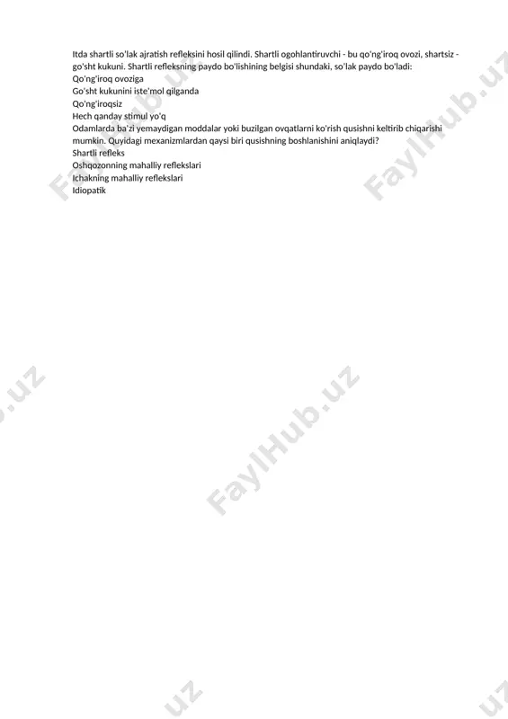 bosimi va yurak urish tezligi oshadi. bunga markaziy asab tizimining qaysi bo’limi javob beradi? miya yarim sharlarining po’stlog’i o'rta miya uzunchoq miya bazal yadrolar itda shartli so’lak ajratish refleksini hosil qilindi. shartli ogohlantiruvchi - bu qo'ng'iroq ovozi, shartsiz - go'sht kukuni. shartli refleksning paydo bo'lishining belgisi shundaki, so’lak paydo bo'ladi: qo'ng'iroq ovoziga go'sht kukunini iste'mol qilganda qo'ng'iroqsiz hech qanday stimul yo'q odamlarda ba'zi yemaydigan moddalar yoki buzilgan ovqatlarni ko'rish qusishni keltirib chiqarishi mumkin. quyidagi mexanizmlardan qaysi biri qusishning boshlanishini aniqlaydi? shartli refleks oshqozonning mahalliy reflekslari ichakning mahalliy reflekslari idiopatik