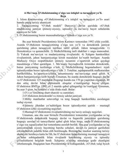 o’zbekistonning o’ziga xos istiqlol va taraqqiyot yo’li — DOC