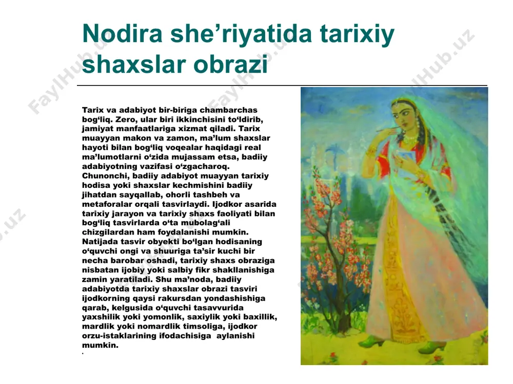 ulushni qamugʻ odamligʻlarga berdi. ul bir ulushni yana oʻn ulush qildi. toʻquzin yusufga, bir ulushni olamligʻlarga berdi. yusufga, bir ulushni olamligʻlarga berdi. yusuf obrazi blan bogʻliq obrazlarni mazmunan shartli ravishda quyidagi guruhlar asosida tahlil etish mumkin. 1. yusuf sarguzashtlari bilan bogʻliq turli baytlarga ishora qiluvchi baytlar 2. yorni yusufga tenglashtirish. unga yusuf nisbati berilganini ifodolovchi misralar. 3. ma’shuqani yusufdandan-da ustunligini aks ettiruvchi satrlar. 4. oshiqni yusuf voqealarida ishtirok etgan ya’qubga qiyoslash. yusuf qissasida tasvirlanishicha, akalari unga yomonlik qilib uni halok etishadi . ”yusuf ya’qubning eng sevimli oʻgʻli. yusuf chekadigan har bir iztirob ya’qubga chuqur musibat keltiradi. ular to topishgunlaricha ya’qub koʻz nuridin ayriladi. ”1. uvaysiy gʻazalidayusuf obrazini ishlatilib, talmeh san’atini yuzaga keltirmoqda. ”talmeh (“nazar solmoq”) sheʻr yoki nasrda mashhur tarixiy voqealar, shaxslar, joylar, xalq maqollari va iboralariga ishora qilish san’atidir. ” misraning ma’nosi:taqdiri azal uni yusufning jamolidan uni yiroq ayladi, oshiqning visol ilinjida tortadigan azoblari yusuf orzusida yaʻqubga miqyoslanadi. uvaysiy …