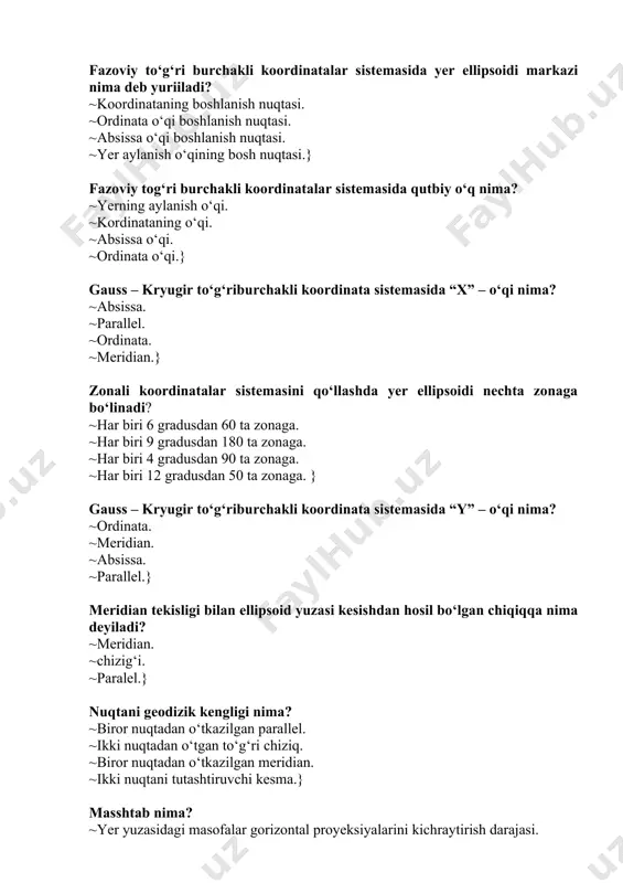 gi 0,1sm oraliqga joyida to‘g‘ri keladigan uzunlikga aytiladi. ~plandagi 1sm oraliqga joyida to‘g‘ri keladigan uzunlikga aytiladi.} 1:10000 masshtabini aniqligi qancha? ~aniqligi 1,00m. ~aniqligi 0,01m. ~aniqligi 0,10m. ~aniqligi 10,0m.} 1:25000 masshtabini aniqligi qancha? ~aniqligi 2,50m. ~aniqligi 0,025m. ~aniqligi 0,25m. ~aniqligi 25,0m.} 1:50000 masshtabini aniqligi qancha? ~aniqligi 5,00m. ~aniqligi 50,0m. ~aniqligi 0,050m. ~aniqligi 0,50m.} 1:100000 masshtabini aniqligi qancha? ~aniqligi 10,00m. ~aniqligi 0,100m. ~aniqligi 0,010m. ~aniqligi 100,0m.} topografik plan va kartalarni nomenklaturasi deganda nima to‘shiniladi? ~kartalarning varaqlarga bo‘linishi va bu varaqlarni belgilash hamda nom berish sistemasi. ~kartalarning varaqlarga bo‘linishi. ~kartada shartli belgilar ko‘rsatilishi. ~karta yoki planda masshtab ko‘rsatilishi.} topografik plan deb qanday pilanlar tushiniladi? ~masshtabi 1:5000 va undan yirik plan. ~masshtabi 1:10000 topografik karta yoki plan. ~masshtabi 1:50000 topografik karta. ~masshtabi 1:25000 topografik karta.} topografik karta deb qanday karta tushiniladi? ~masshtabi 1:5000 dan 1:10000 gacha bo‘lgan karta. ~masshtabi1:500000 dan 1:1000000 gacha bo‘lgan karta. ~masshtabi 1:10000 dan 1:500000 gacha bo‘lgan karta. ~masshtabi 1:5000 gacha …