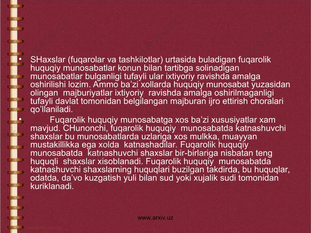 quqlar bilan bir katorda majburiyatlar xam tashkil etadi. majburiyatning moxiyati shundan iboratki, bunda huquqiy tartibning talabi buyicha uni zimmasiga olgan shaxs ma’lum xarakatlarni kilishga yoki muayyan xarakatlarni kilishdan saklanishga majbur buladi. www.arxiv.uz www.arxiv.uz www.arxiv.uz www.arxiv.uz fuqarolik huquqiy munosabatning ob’ekti, deb fuqarolik huquqiy munosabatda katnashuvchi shaxslarning sub’ektiv huquqlari va majburiyatlari nimaga karatilgan bulsa, shunga aytiladi. bular: ashyolar; ishlar va xizmatlar; intellektual faoliyat natijalari; shaxsiy mulkiy huquqlar va boshka moddiy xamda nomoddiy boyliklardir. fuqarolik huquqiy munosabatlarning ob’ektlari sifatida kurilgan ashyolar fuqarolik huquqida muxim axamiyatga ega. www.arxiv.uz www.arxiv.uz fuqarolik huquqiy munosabatlarning turlari fuqarolik huquqiy munosabatlar kuyidagi turlarga bulinadi: 1) mulkiy xarakterda va mulkiy xarakterda bulgan shaxsiy huquqiy munosabatlar. mulkiy xarakterdagi deganda, muayyan iktisodiy mazmunga ega bulgan ijtimoiy munosabatlar, masalan, mulk yuzasidan belgilanadigan, mulkni olish-sotish, ijaraga kuyish va boshkacha shaklda kuldan-kulga utkazish bilan boglik huquqiy munosabatlar anglashiladi. mulkiy xarakterda bulmagan shaxsiy huquqiy munosabatlar shaxs (fuqaro va tashkilot)ning uzi bilan bevosita boglik bulgan, birovga utkazilishi …
