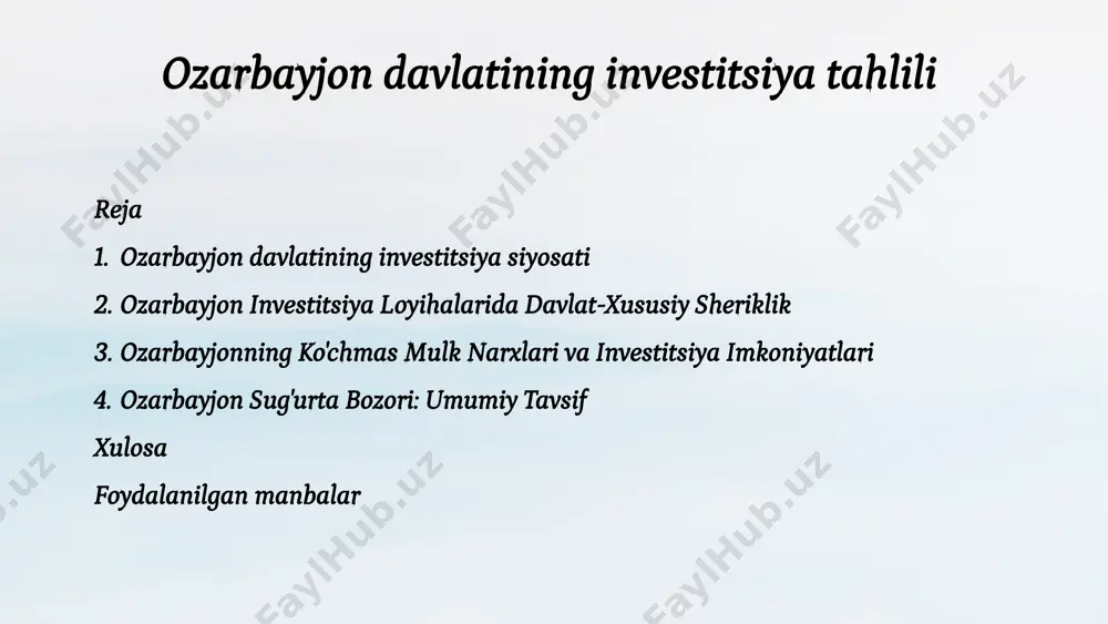 zar dengizining asosiy savdo markazi sifatida qarashga imkon beradi. 4 ozarbayjon iqtisodiyotining asosiy yo'nalishlari ozarbayjon iqtisodiyotining asosiy yo'nalishlari - energiya, neft va gaz, turizm, qishloq xo'jaligi, metallurgiya va qayta ishlash. ushbu tarmoqlar davlat iqtisodiyotining muhim qismini tashkil qiladi. 1 energetika ozarbayjonning boy neft va gaz zaxiralari energiya sohasini muhim iqtisodiy yo'nalishga aylantiradi. 2 turizm ozarbayjonning boy madaniy merosi va go'zal tabiat manzaralari uni turizm rivojlanishi uchun jozibador joyga aylantiradi. 3 qishloq xo'jaligi ozarbayjonning serhosil tuprog'i va iqlim sharoiti qishloq xo'jaligini muhim iqtisodiy yo'nalishga aylantiradi. 5 ozarbayjon xorijiy investitsiyalar uchun jozibador ozarbayjonning iqtisodiy rivojlanishga intilishi va investitsiya muhiti xorijiy investorlar uchun jozibador bo'lib, ular uchun keng imkoniyatlar yaratadi. iqtisodiy islohotlar, qulay investitsiya siyosati va davlat yordami xorijiy sarmoyalarni jalb qilishga yo'naltirilgan. stabil siyosat ozarbayjon siyosiy barqarorligi va xavfsizligi investitsiyalar uchun muhim omil hisoblanadi. iqtisodiy islohotlar iqtisodiy islohotlar biznes muhitini yaxshilash va investitsiyalarni rag'batlantirishga qaratilgan. qulay investitsiya siyosati ozarbayjon investorlar uchun jozibador …