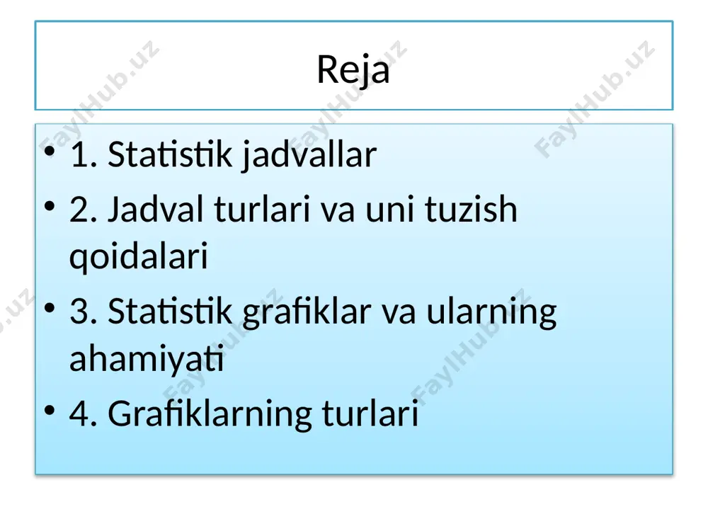 qo‘yiladi, agarda hodisa umuman sodir bo‘lmagan bo‘lsa, tire (-) belgisi bilan ifodalanadi. jadvallarni tuzish texnikasi yaxshi egallansa, ularni o‘qish va tushunish ishi ancha osonlashadi. grafiklar haqida tushuncha, statistikada ularning roli va ahamiyati grafik usuli - statistik ma’lumotlarni keng omma uchun tushunarli, ta’sirchan, diqqatga sazovor va lo‘nda qilib bayon etish. bu usul turli hodisalarni taqqoslashda, ularni dinamikasi va o‘zaro bog‘lanishlarini tahlil qilishda,rejalarni, davlat buyurtmalarini bajarish ustidan nazoratni amalga oshirishda, o‘rganilayotgan murakkab to‘plamlarning tuzilishini tekshirishda, ayrim voqealarning yoyilish ko‘lamini tasvirlashda qo‘llanadi. mavzu: statistik tasniflash va guruhlash metodi reja: statistik tasniflashning mohiyati va ahamiyati statistik guruhlash guruhlash turlari oddiy va murakkab guruhlash ikkilamchi guruhlash tasniflash bu- o‘rganilayotgan hodisalarni tartiblash maqsadida ularning muhim belgilariga qarab guruhlarga, turkumlarga va hokazolarga ajratishdir. statistikada tasniflash deganda o‘rganilayotgan narsalar va hodisalarni tartiblash maqsadida ularning tabiati, o‘xshashlik va farqlovchi xususiyatlariga qarab ma’lum qismlarga, guruhlarga, sinflarga, turkumlarga, turlarga taqsimlash tushuniladi. taqsimlash asosi qilib olingan belgi yoki belgilar to‘dasi tasniflash belgisi, …