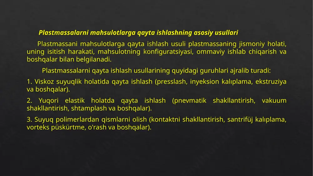 ish yo'li bilan tayyorlanadi. polimerizatsiya bir necha usul bilan amalga oshiriladi. blok usuli bilan metil metakrilat, tashabbuskor va plastifikatorning yaxshilab aralashtirilgan aralashmasi silikat sayqallangan shisha qolipga quyiladi. shunday qilib, quyma pleksiglas olinadi. ekstruziv pleksiglas ishlab chiqarish uchun polimetil metakrilat donador shaklda apparatga yuklanadi, u erda u viskoz-suyuq holatga qadar isitiladi va keyin ekstruziya boshi orqali oyna kalendrlariga bosiladi. choyshablarning qalinligi kalendarlar orasidagi bo'shliq hajmiga bog'liq. pleksiglas shaffof, mot, rangli va bir tomonlama yivli. ultraviyole nurlarini o'tkazadigan va o'tkazmaydigan brendlar mavjud. plitalar, bloklar, quvurlar yoki novdalar shaklida mavjud. organik shisha yuqori ob-havoga chidamliligi, murakkab egrilik tafsilotlaridagi ortiqcha yuklarning qulayligi va ishlov berish qulayligi bilan ajralib turadi. pleksiglas 2,5 baravar engilroq va shu bilan birga oddiy shishadan 10 baravar kuchliroqdir va singanida u o'tkir bo'laklarni hosil qilmaydi. pleksiglasning afzalligi yuqori ovoz yalıtım xususiyatlari va ajoyib optik xususiyatlardir. oddiy shisha bilan taqqoslaganda, pleksiglasni qayta ishlash oson, yaxshi yopishtirilgan, payvandlangan, jilolangan, o'yilgan. u nafaqat …