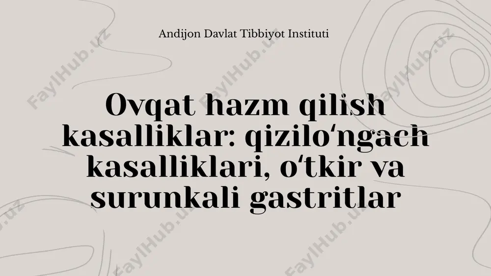 kolit xoletsistit andijon davlat tibbiyot instituti pankreatit sababi: ot yoli va xaltasi, ot tosh kasalligi, jigar, me`da-ichak kasalliklarining asorati, ovqatlanish rejimining buzilishi, yogli, achchiq, shor ovqatlarni me`yoridan ortiq iste`mol qilish, spirtli ichimliklar. me`da osti bezining yalliglanish kasalligi. andijon davlat tibbiyot instituti qiziloʻngach kasalliklari qiziloʻngʻach kasalliklari qiziloʻngʻachga taʼsir qiluvchi kasalliklar spektrini oʻz ichiga oladi. gʻarb mamlakatlarida qiziloʻngʻachning eng keng tarqalgan holati gastroezofagial reflyuks (kislotali meʼda suyuqligi qiziloʻngʻach orqasiga oqib oʻtadigan holat, natijada oshqozon yonishi paydo boʻladi, tez-tez yurak urishi gastroezofagial reflyuks kasalligining belgilaridan biri) kasalligi boʻlib, surunkali shakllarda qiziloʻngʻach epiteliyasining oʻzgarishiga olib keladi, bu esa tibbiyotda barrett qiziloʻngʻachi deb nomlanadi. andijon davlat tibbiyot instituti qiziloʼngach kasalligiga uchragan koʼpgina bemorlar ogʼriqdan shikoyat qiladilar. odatda u toʼsh orqasida oʼrta chiziq, boʼylab zararlanish sohasiga taxminan mos keladigan joyda boʼladi, biroq u oʼng tomondan orqaga va toʼshdan chap tomonga berilishi ham mumkin. ogʼriqlar ovqat yeyish bilan bogʼliq boʼlishi va yutinishning buzilishi bilan oʼtishi mumkin (rak, …