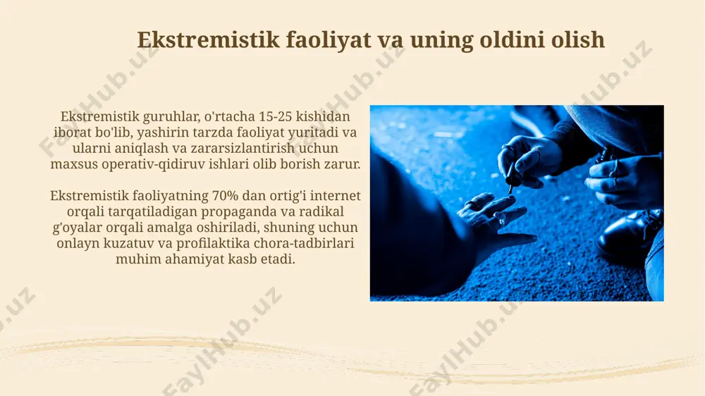 rlar orasida sodir etiladigan huquqbuzarliklarning 35% giyohvand moddalar isteʼmol qilish bilan bogʻliq boʻlib, ularning oldini olish uchun taʼlim va ijtimoiy reabilitatsiya dasturlari muhim ahamiyat kasb etadi. narkobiznes va uning oldini olish narkobiznes bilan kurashda, korruptsiya va poraxo'rlik kabi omillarni hisobga olgan holda, huquqni muhofaza qilish organlarining hamkorligi va ma'lumot almashinuvi juda muhim ahamiyat kasb etadi. narkobiznesning oldini olishda giyohvand moddalar savdosi tarmoqlarini aniqlash va yo'q qilish bo'yicha operatsiyalar sonini 20% ga oshirish katta ahamiyatga ega. kiberjinoyatlar va ularning oldini olish kiberxavfsizlik bo'yicha ekspertlarning fikricha, kiberjinoyatchilarning 95% dan ko'prog'i ijtimoiy muhandislik texnikasidan foydalanib, odamlarni aldaydi va bu holatni oldini olish uchun kiberxavfsizlik bo'yicha bilim va ehtiyotkorlik talab etiladi. onlayn tahdidlarning 30% gacha ulushi zararli dasturlar (malware) tufayli yuzaga keladi va ularning oldini olish uchun muntazam ravishda dasturiy ta'minotni yangilab turish va shubhali havolalarga kirmaslik kerak. qotillik va uning oldini olish o'z joniga qasd qilish holatlarining oshishi ba'zan qotilliklar sonining ko'payishi bilan …