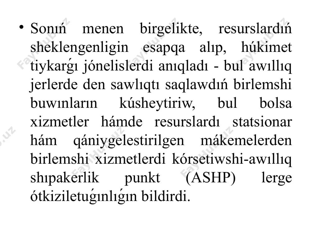 nen támiyinlenedi. ashp dári-dármaq hám sanitariya-gigiena buyımları menen támiyinlenedi. ashp biriktirip qoyılǵan xalıqqa tez járdem kórsetiw ushın avtotransport penen támiyinlenedi . ashp niń shtatları xalıq punktleriniń sanı, xizmet kórsetetuǵı territoriyasına, jollardıń jaǵdayına, awıl xojalıq hám basqa túrdei islep shıǵarıw túrin esapqa alǵan halda xizmet kórsetetuǵın xalıq xalıq sanına qarap belgilenedi. ashp gaz, suw hám telefon baylanısı menen támiyinlenedi. ashp esap-sanaq esabatlarǵa tiyisli xújjetlerdi júrgizip baradı hám oraylasqan emlewxanaǵa belgilengen tártipte eabat berip baradı. awíl xalqína medicinalíq járdem kórsetiwdiń; ii - basqíshí awıl xalqına medicinalıq járdem kórsetiwdiń ekinshi baqıshındaǵı tiykarǵı medicinalıq mákeme bul – rayon medina birlespesi (rmb) bolıp esaplanadı. rayon medicina birlespesi ózbekstan respublikası prezidentiniń «den sawlıqtı saqlaw sistemasın jánede tereńlestiriw hám rawajlandırıw mámleketlik dátúrin ámelge asırıwdıń tiykatǵı jónelisleri haqqında» ǵı 2007-jil 19-sentyabrdegi pf 3923-sanlı pármanına muwapıq rayon oraylıq emlewxanası, kóp tarmaqlı rayon oraylıq poliklinikası tiykarında shólkemlestiriledi. bul mákemeler quramına rayon oraylasqan emlewxanası, rayon sanitariya-epidemiologiya baqlaw mákemeleri hám basqada medicinalıq …