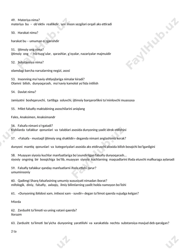 ssasi nimalardan iborat? o‘nlik sanoq sistemasi, arifmetik ilm amallari, algoritmlar nazariyasi va algebra fanining asoschisi 80. al-xorazmiyning jo‘g‘rofiya faniga oid asari qanday nomlangan? «kitob al-suratil ard» 81. abu rayxon beruniyning yozgan asarlarini aniqlang? «hindiston», «osor al-boqiya», «geodeziya» 82. beruniy gnoseologiyada qaysi pozitsiyani yoqlagan? sensualizmni 83. beruniyning falsafiy dunyoqarashini qaysi oqimga mos deb tushunish mumkin? deizm 84. beruniy fan bilan din o‘rtasidagi o‘zaro munosabat qanday bo‘lishi kerak deb xisoblaydi? din bilan fan bir-biriga halaqit bermasligi kerak deb hisoblaydi 85. beruniy bilishda haqiqatning mezoni deb nimani tushungan? hissiy bilish 86. ibn sinoning falsafiy asarlarini aniqlang? «donishnoma», «kitob ash-shifo», «tib qonunlari» 87. ibn sino bilishda qanday omilning ustuvorligini tan oladi? bilishda aqlning roli hal qiluvchi deb tushunadi 88. abu nasr forobiy tasnifi bo‘yicha ilmlar 5 ta guruhga bo‘linadi va shu guruhlarni aniqlang? til, mantiq, matematika, tabiiy va ilohiy, siyosat 89. forobiyning o‘zbek tilida chop etilgan kitobining nomi qanday ataladi? «fozil odamlar shahri» 90. …