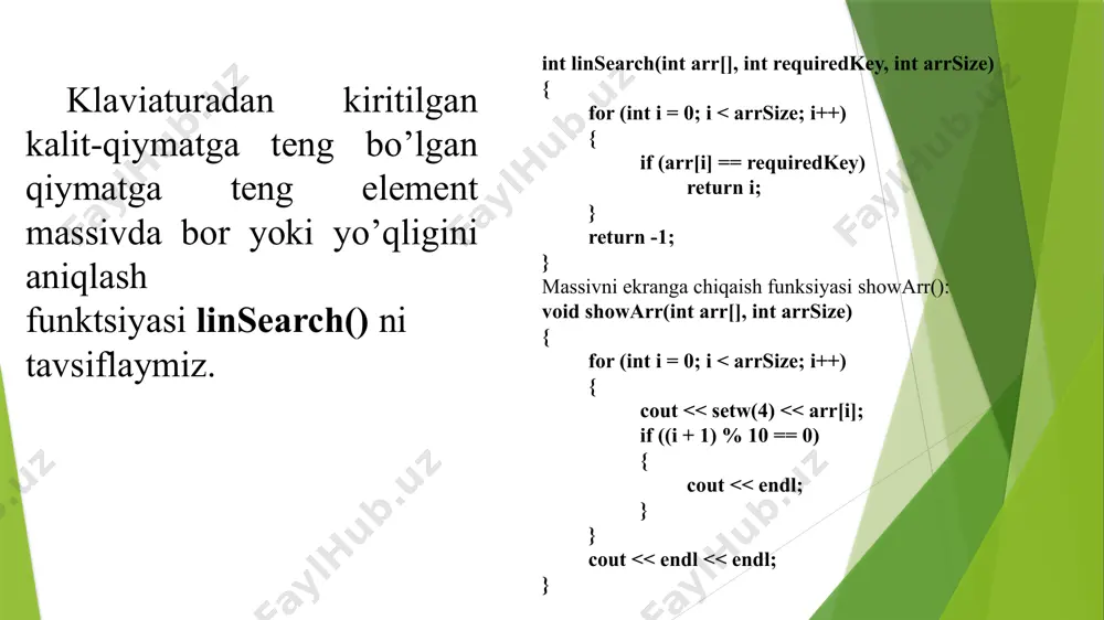 y jarayonki, uning kirishidagi massiv maxsus algoritm asosida chiqishda bitlar ketma-ketligiga almashtiriladi. bunday almashtirish xesh-funksiya yoki o’rash funksiyasi deyiladi. almashtirish natijasi esa xesh yoki xesh-kod yoki xabarlar qisqa izohi (o’rami) deb ataladi. ikki massiv yoki satrning xesh-kodlari har xil bo’lishidan bu massivlar bir xil emas degan xulosa qilish mumkin. xesh-kodlari bir xil bo’lishi esa massivlar bir xil bo’lishi muminligini ( ehtimoli borligini) bildiradi. xeshlash qo’llaniladigan holatlarga misollar: · har bir elementi o’zoro biriktirilgan ikki qismdan iborat massivlar (masalan, lug’at shaklidagi massiv) hosil qilishda; · ma’lumotlar to’plamida takrorlanuvchi elementlarni izlash uchun; · ma’lumotlar to’plami uchun o’ziga xos takrorlanmaydigan ism (identifikator) topish uchun; · ma’lumot saqlash yoki uzatishdagi tasodifiy yoki ataylab qilingan xatolarni aniqlash maqsadida nazorat uchun yig’indilarni hisoblashda; · himoya tizimlarida parollarni saqlash uchun (bunda parol saqlanayotgan xotira sohasiga murojat paytida parolni bilib olish mumkin bo’lmaydi); ø elektron imzoni ishlab chiqishda (amalda xabarlarning o’zi emas ularning xesh-shakli imzolanadi). image1.png /docprops/thumbnail.jpeg