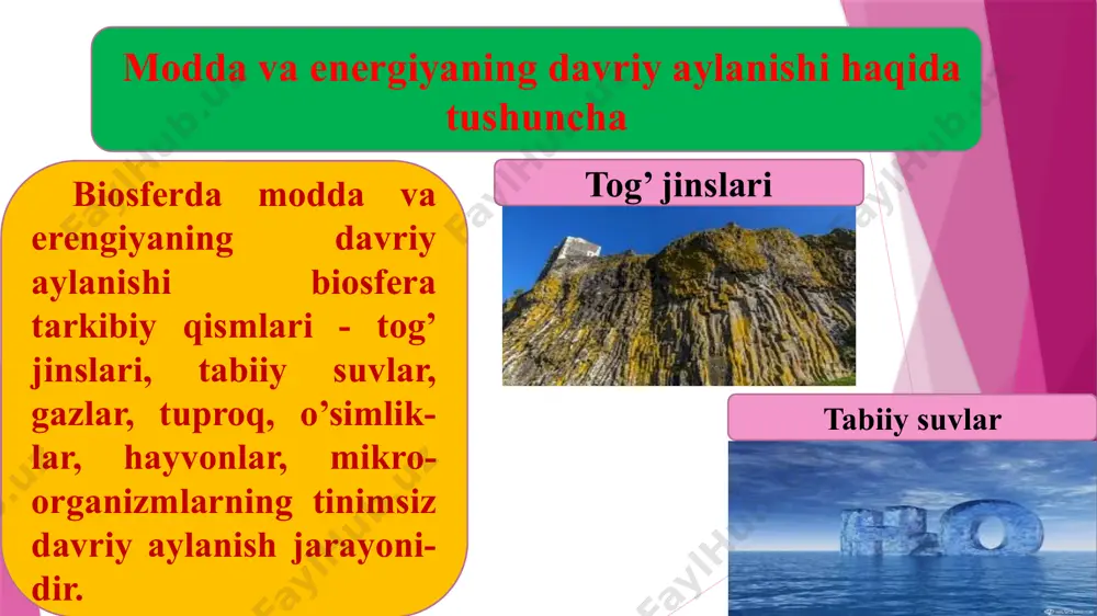 an birlamchi va hayvonlar hosil qilgan ikkilamchi mahsulotlarni mineral moddalargacha parchalaydi. ularning bu faoliyatida biosferaga karbonat angidrid gazi ham ajraladi. organik moddalar esa dastlabki anorganik moddalarga –biogenlarga aylanadi. shunday qilib, hosil bo’lgan anorganik moddalar tuproq va suvda to’planib, fotosintez jarayonida takroran foydalaniladi. bu jarayon biosferada to’xtovsiz davom etadi va biosferaning barqarorligini ta’minlaydi. biosferaning barqarorligini ta’minlovchi mexanizmlar image1.jpeg image2.png image3.png image4.png image5.png image6.png image7.png image8.png image9.png image10.png image11.png image12.png image13.png image14.png image15.png image16.png image17.png image18.png image19.png image20.png /docprops/thumbnail.jpeg