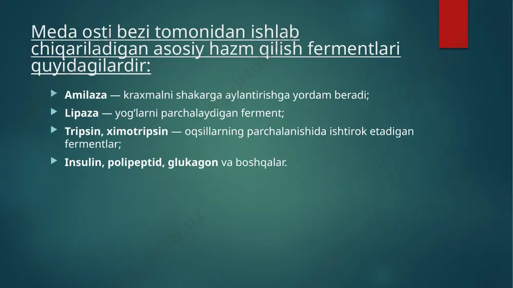 ha bo’lishi mumkin; ishtahaning batamom bo’lmasligi, ko’ngil aynishi, ahvolni yengillashtirmaydigan qayt qilishlar. qayt qilish massasida safro aralashgan oshqozon tarkibi kuzatiladi; tananing gipertermiyasi (38 °c dan ortiq), puls (daqiqasiga 90 dan yuqori) va nafas olishning tezlashuvi; jig’ildon qaynashi, hiqichoq tutishi, kerkirish, og’iz qurishi; tilda oq yoki sariq rangli karash hosil bo’lishi; qorin devorining tarangligi; diareya, qabziyat, axlatda hazm bo’lmagan ovqat qoldiqlari bo’lishi; teri qoplami rangining o’zgarishlari: oqligi, ko’kligi, sariqligi (mexanik sariq kasallik tufayli); qon bosimining o’zgarishi — uning ko’rsatkichlari oshishi yoki kamayishi mumkin; umumiy ahvolning yomonlashuvi, tana vaznining tez yo’qolishi, kuchli terlash. kasallikning surunkali shakli kuchayishi belgilari surunkali pankreatit kuchayishlarida og’riq xurujlari o’tkir pankreatitda bo’lgani singari bo’ladi va yallig’lanishning joylashuvi va kasallik bosqichiga qarab bel, kuraklar, to’shga tarqalishi mumkin. og’riqning oldinga egilganda, cho’kkalab o’tirganda pasayishi kuzatiladi. surunkali pankreatit kuchayishida og’riq sindormidan tashqari quyidagi alomatlar kuzatilishi mumkin: ferment yetishmovchiligi tufayli hazm qilish tizimining buzilishi, qorin damlanishi, ko’ngil aynishi, diareya, kekirish, qusish; tana …