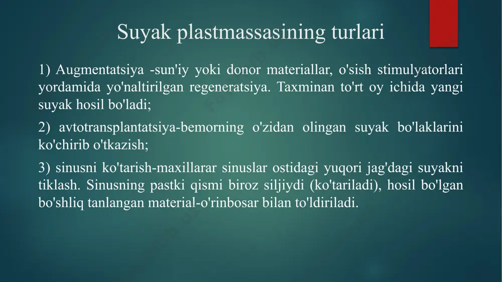 qanday qilib degan savolga javob; qo’yilgan kalsiy atrofdagi suyakka birikadi qoyilgan membrana bo’shliq hosil qilib turadi garmonlar sok1 sok2 bloklaydi natijada suyak hosil bo’ladi fikrim; kalsiy garmonlar kerak emas; balki membranani uzi bulsa bas chunki bo’shliqqa eritrositlar uzi suyak hosil qiladi ilova (sharif xohimovich 12 leksiya qonning shakkli elementlari mavzusi) foydalanilgan adabiyotlar https://co-ulybnis.ru/articles/osteoplastika/#tag-2 sharif hoshimovich e’tiboringiz uchun rahmat image6.png image2.png image3.png image4.png image5.png /docprops/thumbnail.jpeg
