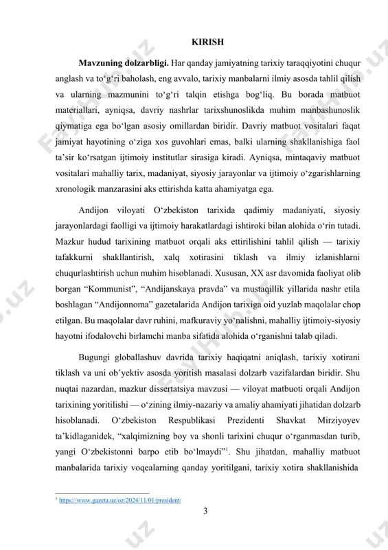 itgan “kommunist”, “andijanskaya pravda” va “andijonnoma” kabi nashrlar orqali andijon viloyatining siyosiy, iqtisodiy, madaniy va ijtimoiy hayoti aks ettirildi. ushbu gazetalar sahifalarida yoritilgan tarixiy materiallar – mahalliy tarixni o‘rganish, tarixshunoslik manba bazasini kengaytirish hamda tarixiy tafakkurni shakllantirishda muhim omil bo‘lib xizmat qiladi. mavzuning o‘rganilganlik darajasi. o‘zbekiston matbuot tarixiga oid tadqiqotlar mavjud bo‘lsa-da, ularning ko‘pchiligi umumiy xarakterga ega bo‘lib, ayrim nashrlarning tarixiy yorituvchanligini chuqur tahlil qilishga bag‘ishlanmagan. ayniqsa, andijon viloyatiga oid matbuot manbalarining mazmuniy-tahliliy jihatdan o‘rganilishi, ayni gazetalar orqali tarixiy jarayonlarni o‘rganish masalasi hali yetarli darajada ilmiy tadqiq etilmagan. “kommunist”, “andijanskaya pravda” va “andijonnoma” gazetalarida aks etgan tarixiy materiallar alohida tahlil talab qiladigan boy manba hisoblanadi. tadqiqotning maqsadi va vazifalari. dissertatsiyaning asosiy maqsadi – yuqorida nomlari keltirilgan nashrlarda andijon tarixining qanday yoritilganini aniqlash, bu yorituvlarning mazmuniy, ideologik, tarixiy va uslubiy xususiyatlarini tahlil qilishdan iborat. ushbu maqsadni amalga oshirish uchun quyidagi vazifalar belgilab olindi: “kommunist”, “andijanskaya pravda” va “andijonnoma” gazetalarining faoliyati va …