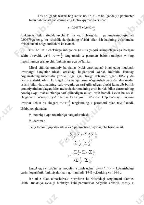 shbu tenglamada: у - nooziq-ovqat tovarlariga harajatlar ulushi; x - daromad. teng tomonii giperbolada a va b parametrlar quyidagicha hisoblanadi: engel egri chizig'ining modelini yozish uchun ko'rinishdagi yarim logarifinik funktsiyalar ham qo’llaniladi (1943 y.uorking va 1964 y. ni z bilan almashtirsak ko’rinishidagi tenglamani olamiz. ushbu funktsiya avvalgi funktsiya kabi parametrlar bo’yicha chiziqli, asosiy x o'zgaruvchi bo'yicha esa chiziqli emas. a va b parametrlarrii ekku yordamida aniqlash mumkin. bunda normal tenglamalar sistemasi quyidagicha bo’ladi: 4. chiziqsiz regressiya uchun korrelyatsiya chiziqsiz regressiya tenglamasi chiziqli boglanishi kabi bo’g’lanish zichligi ko’rsatkichi bilan to’ldiriladi. ushbu holatda bu korrelyatsiya koeffitsientidir: bu erda - y natijaviy belgining umumiy dispertsiyasi; – qoldiq dispersiya. korrelyatsiya koeffitsientini quyidagi ko’rinishda ham yozish mumkin: ushbu ko'rsatkichmng qiymati 0 va 1 oralig'ida yotadi, ya'ni ko'rsatkich qanchalik 1 ga yaqin bo'lsa o'rganilayotgan belgilar orasidagi bog’lanish shunchalik zich bo'ladi va tuzilgan regressiya tengiamasi shunchalik haqiqatga yaqin bo'ladi. mustaqil ishlash uchun nazorat savollari. 1. chiziqsiz regressiya …